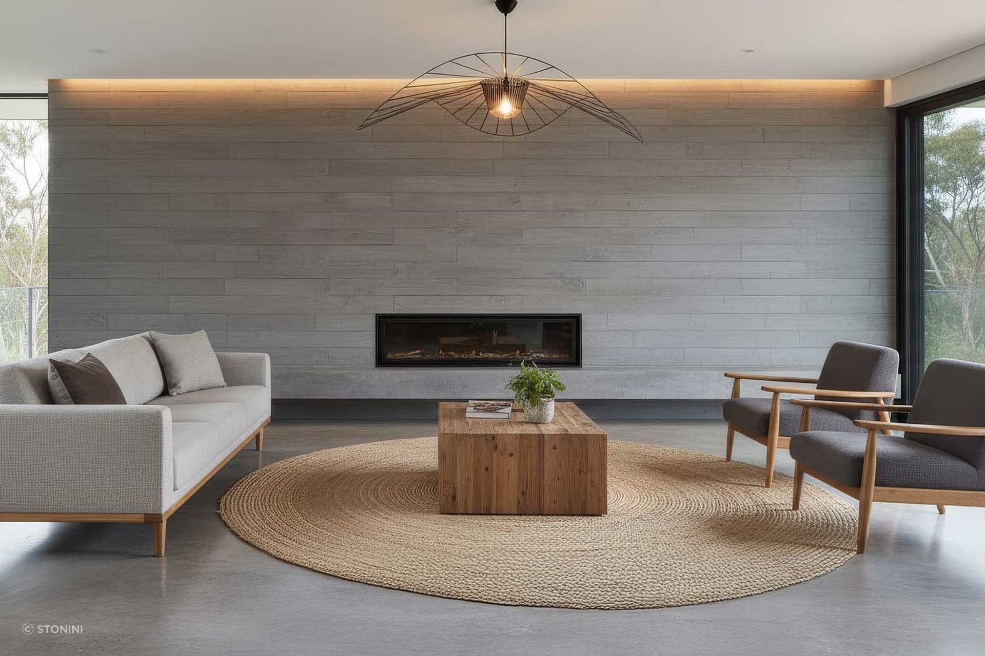 Board-formed concrete accent wall can become the central feature of a contemporary, open-plan living space (Conceptual rendering).