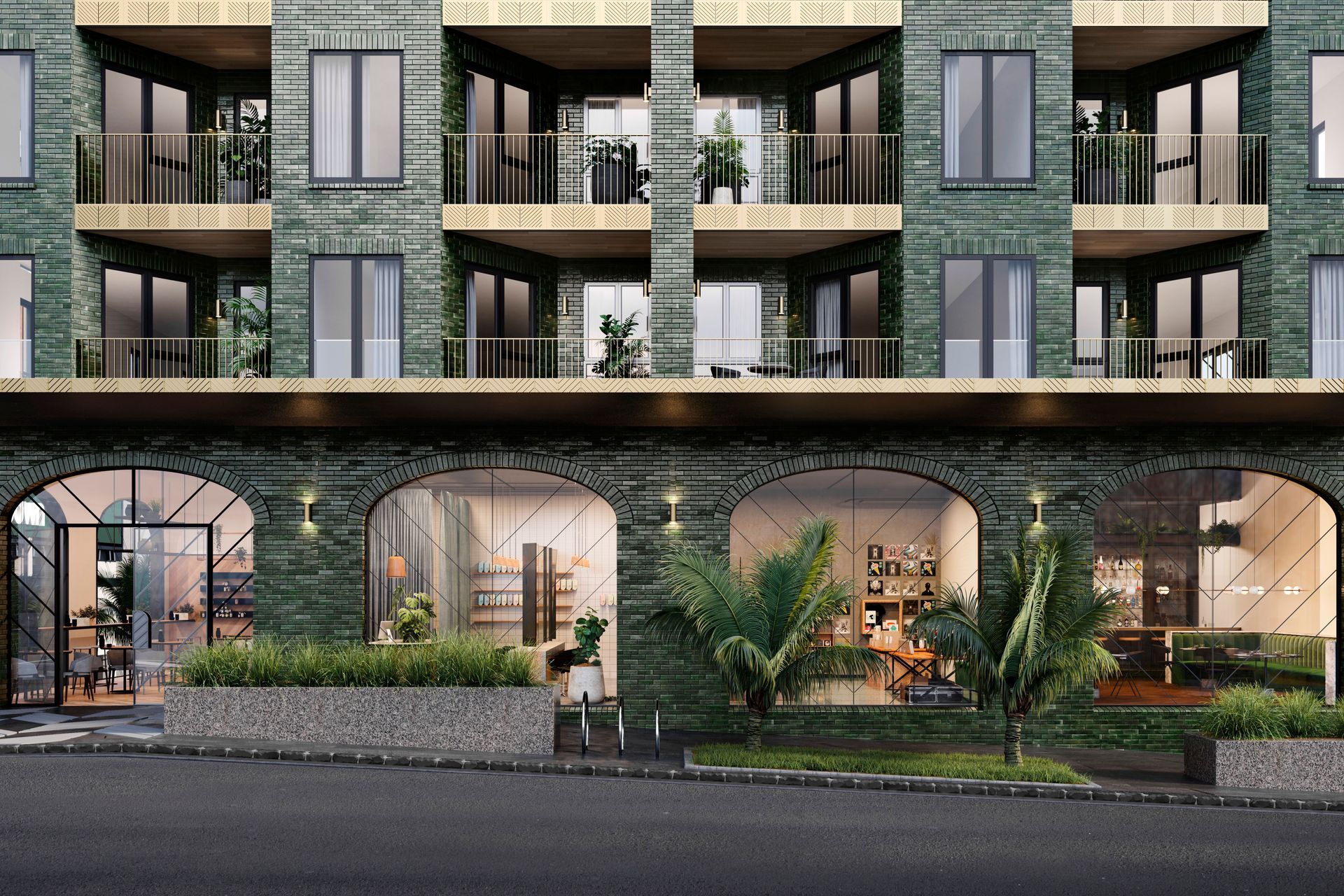 The feather motif can be seen on the windows of the ground floor commercial space.