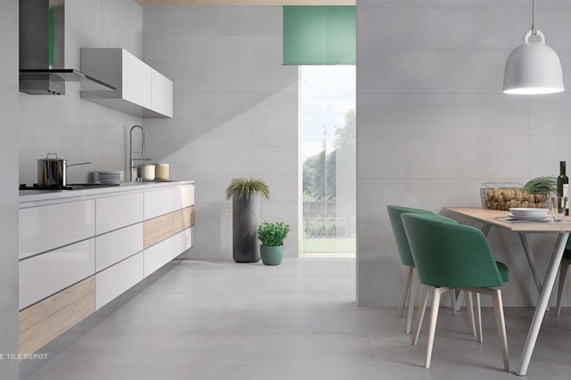 The same glazed porcelain tiles are used in the kitchen as well as the dining area which makes the design more cohesive.  These porcelain tiles have a matte stone look which makes gives the space an Urban contemporary look. (Tile Depot, 2021)
