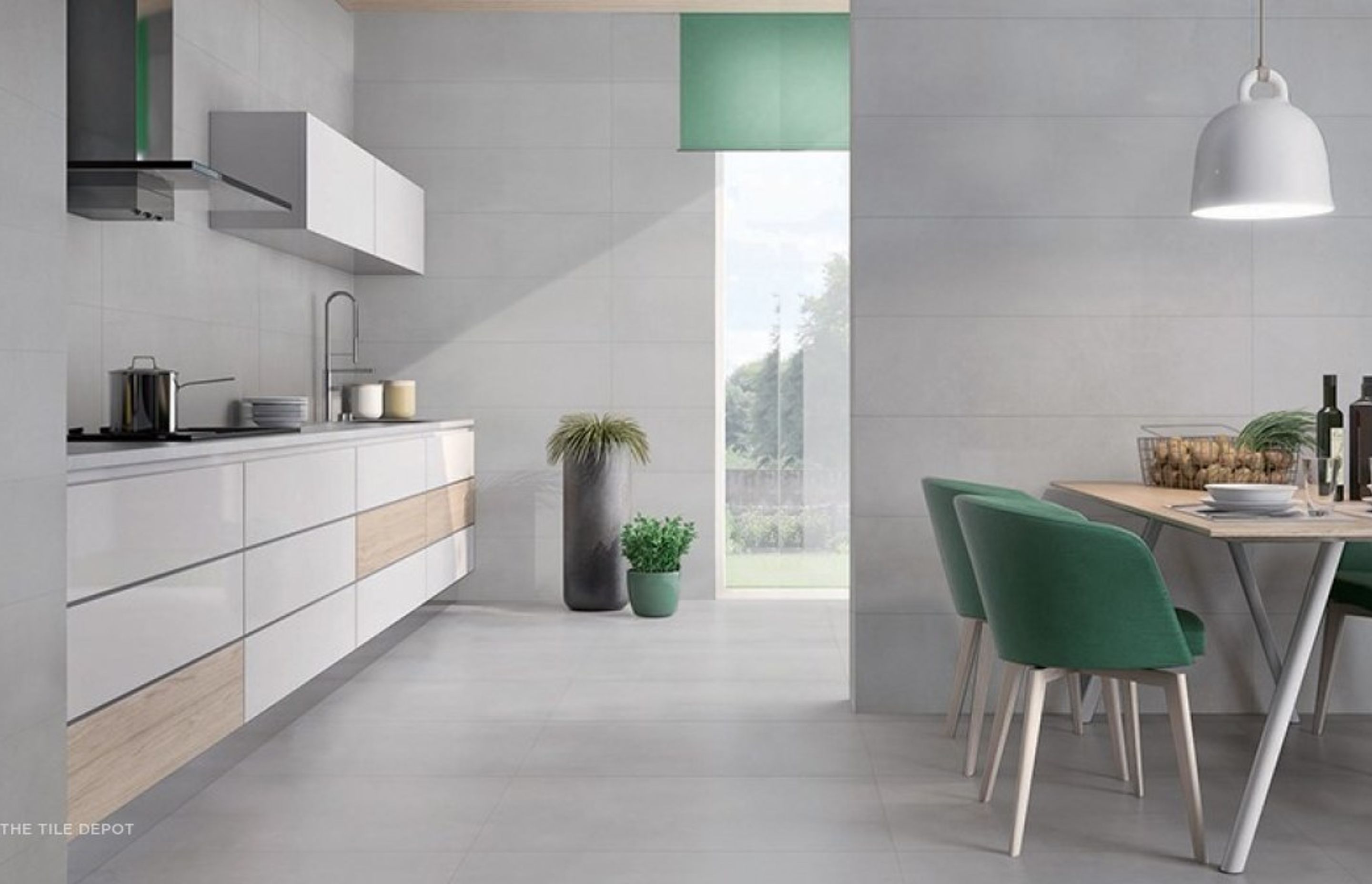 The same glazed porcelain tiles are used in the kitchen as well as the dining area which makes the design more cohesive.  These porcelain tiles have a matte stone look which makes gives the space an Urban contemporary look. (Tile Depot, 2021)