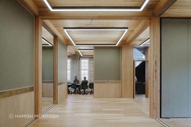 PLT MASSLAM panels were engineered from Australian hardwood and installed as part of an inverted flooring system at the restored Boot Factory building in Bondi Junction. Image: Hamish McIntosh