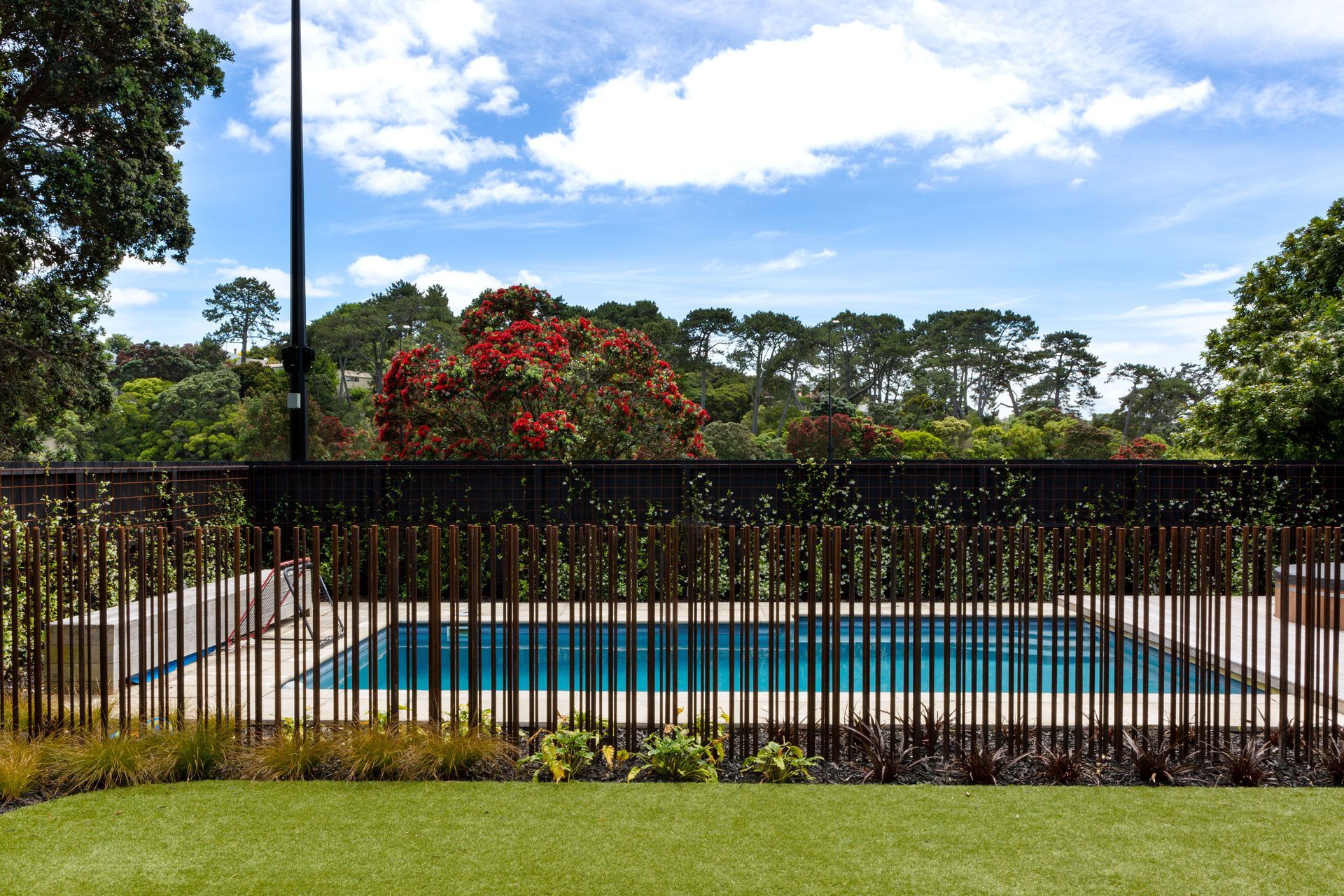 The pool is the only remaining part of the existing house. Beyond it is the public park. “You need to fence off from that,” says Tim. “But you want to be able to use it as well. It's about filtering how people go from private to public property.”