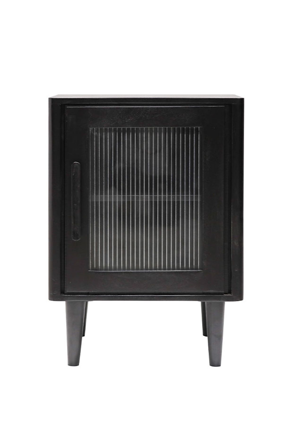 Incorporate fluted glass into your bedroom furniture - this slick black Tate glass bedside from Hawthorne collections is a perfectly elegant way to incorprate fluted glass in your bedroom.