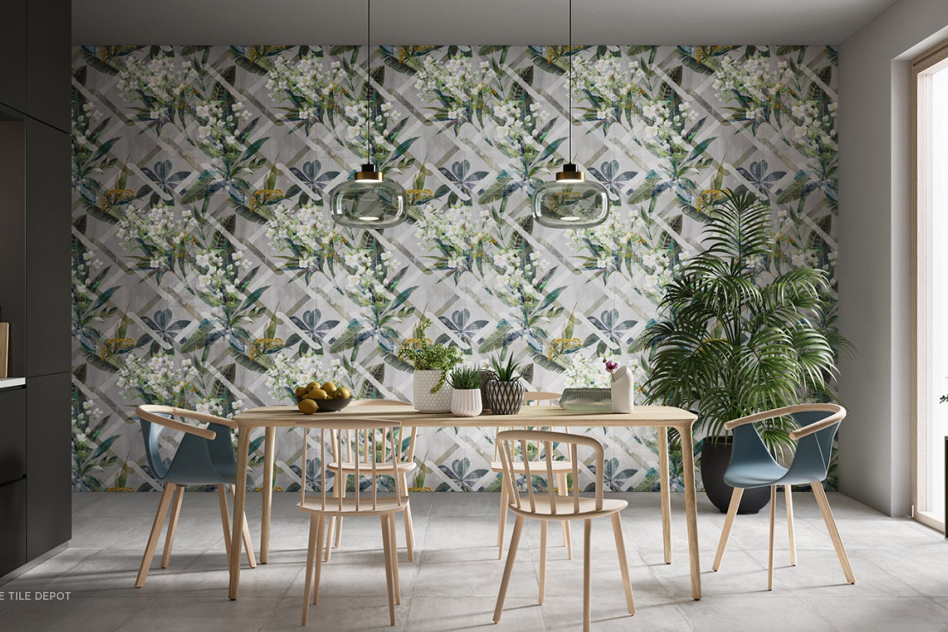 These Glam tiles from Tile depot feature 3 large 1200 by 900 tiles that are installed together to create a pattern. These three tiles are repeated to make this feature wall. This Glam collection has various styles of flowers and leaves. (Tile Depot, 2021)