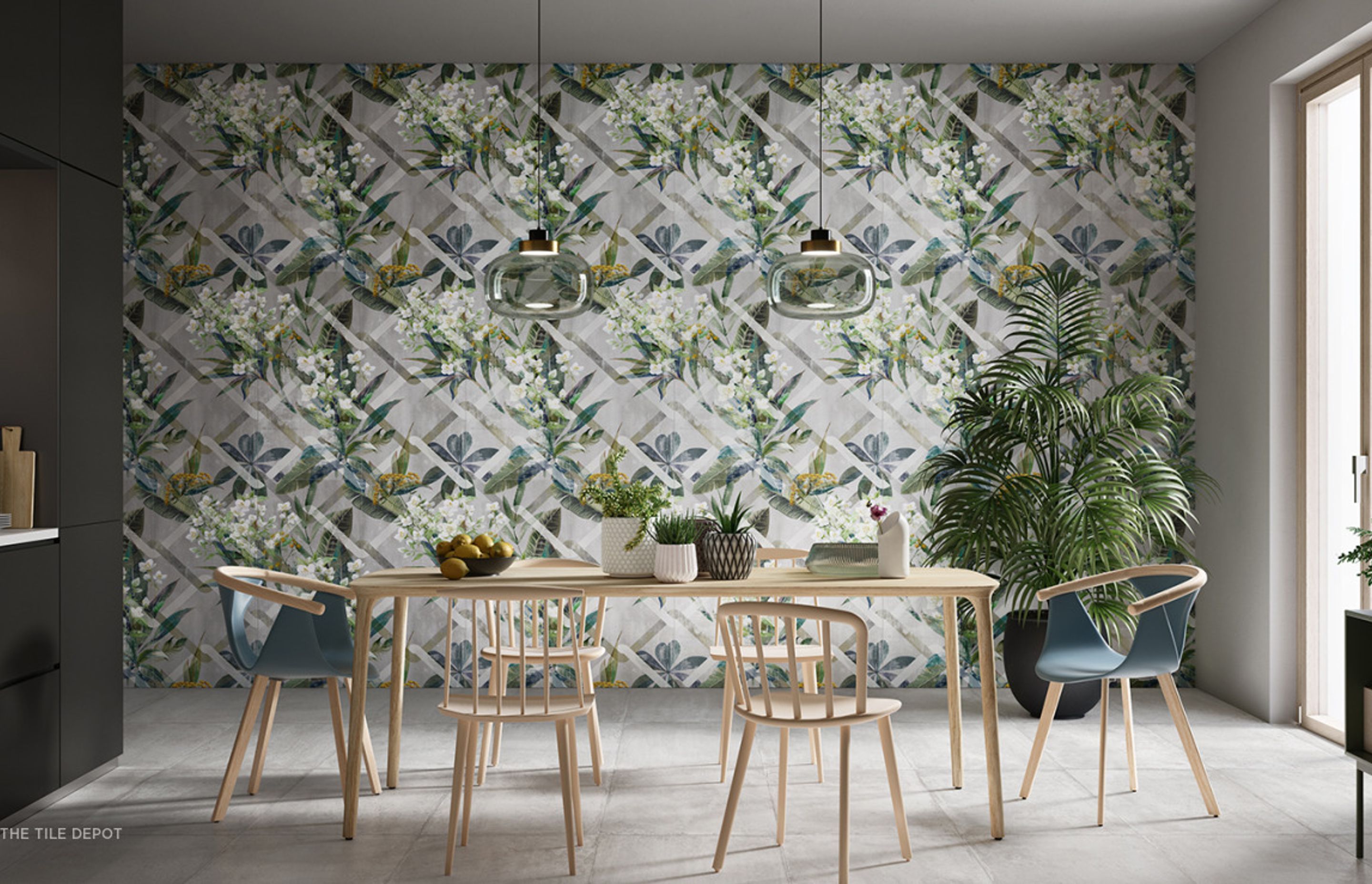 These Glam tiles from Tile depot feature 3 large 1200 by 900 tiles that are installed together to create a pattern. These three tiles are repeated to make this feature wall. This Glam collection has various styles of flowers and leaves. (Tile Depot, 2021)