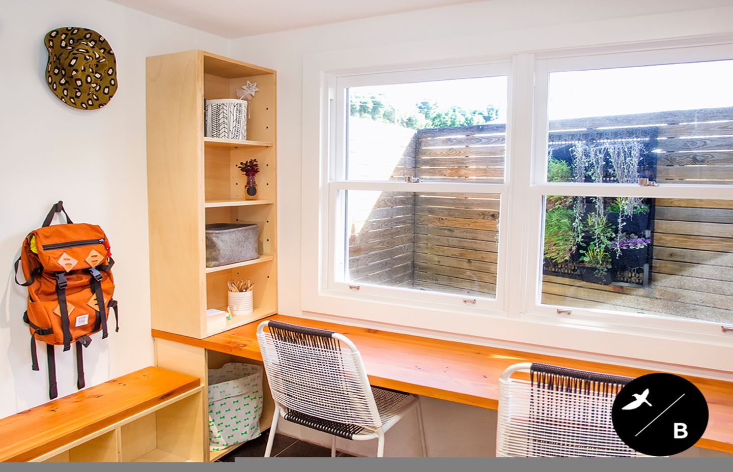 The Mudroom to the left – places for hats, bags and shoes. The Study Nook for Stevie and Shay to the right.