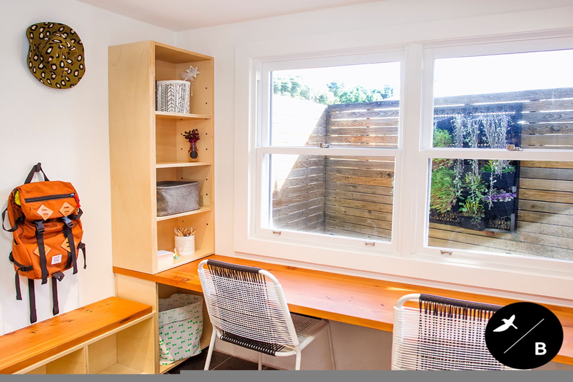 The Mudroom to the left – places for hats, bags and shoes. The Study Nook for Stevie and Shay to the right.