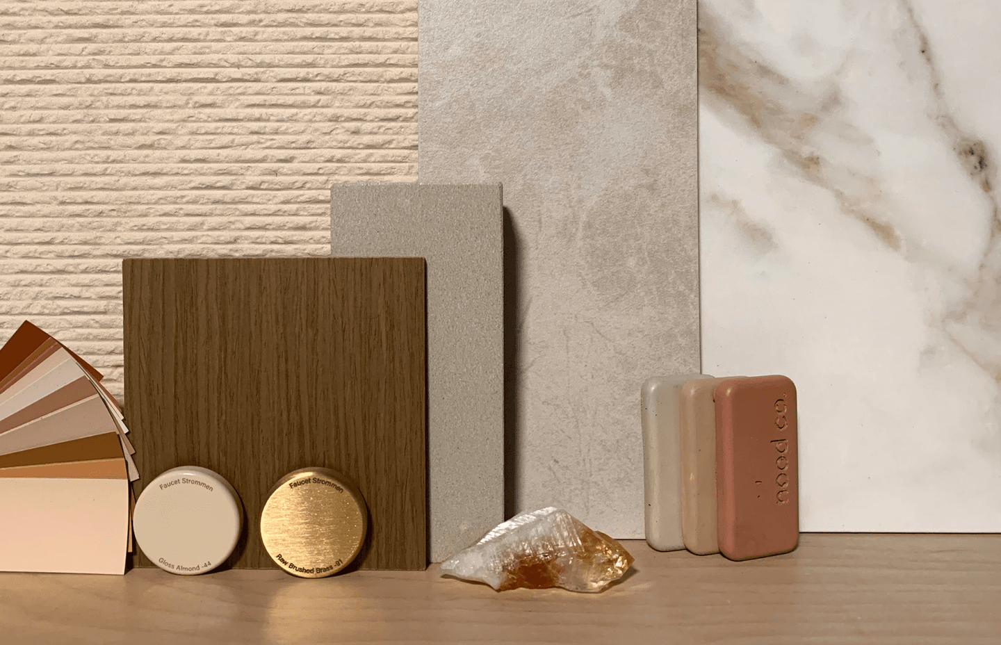 Sustainable finishes - natural paint, Global GreenTag ceramic tiles & timber veneer, recycled glass benchtop surface, Australian-made tap ware & concrete sink samples