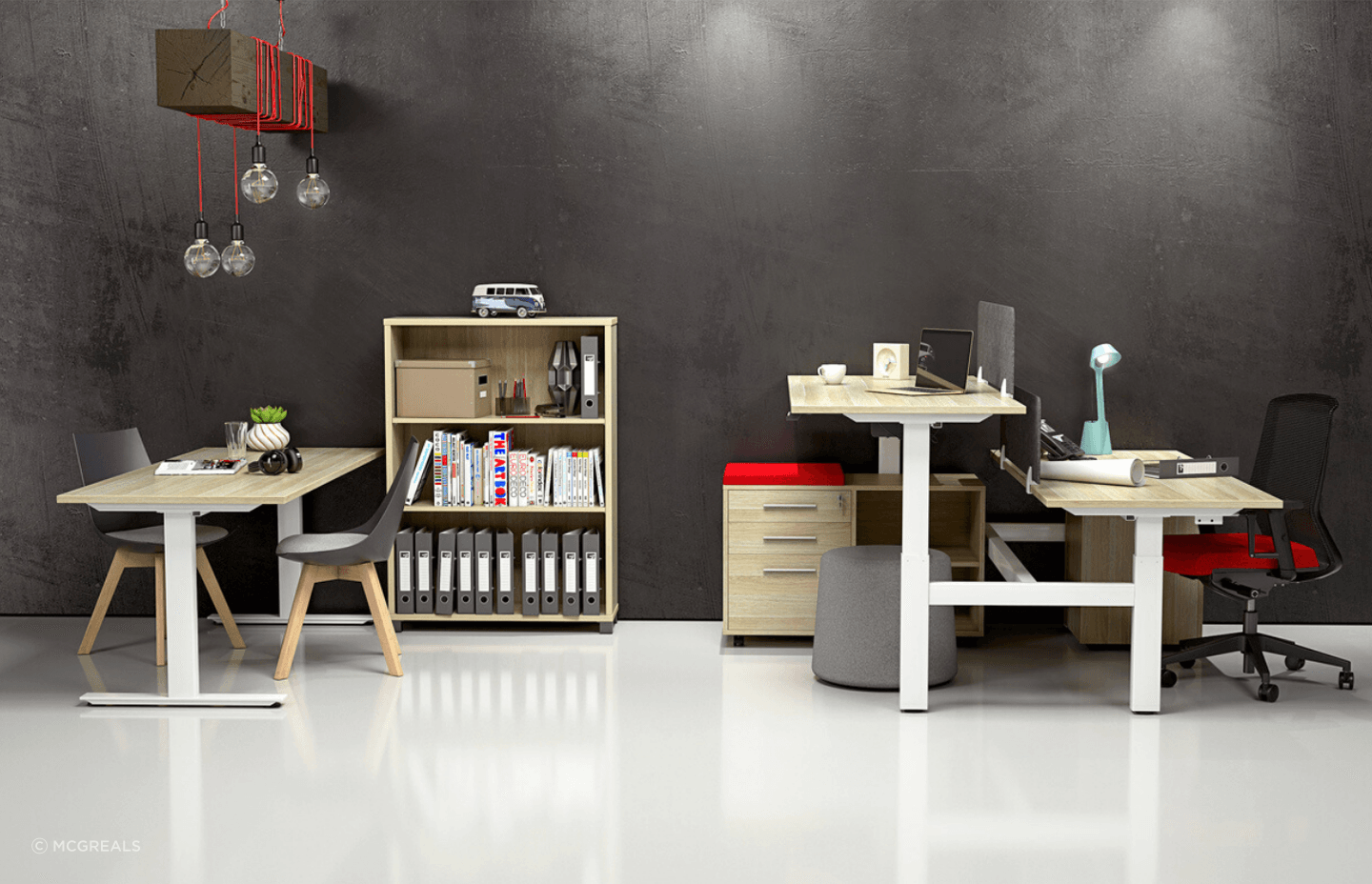 Agile desks' understated simplicity allows users to alternate between seated and standing work positions.