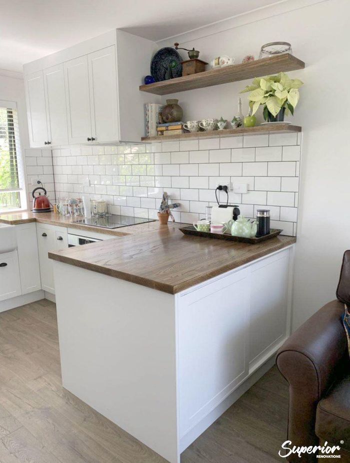 Full Kitchen renovation in Mangere Bridge – Floating shelves add a focal point as well as storage for the kitchen