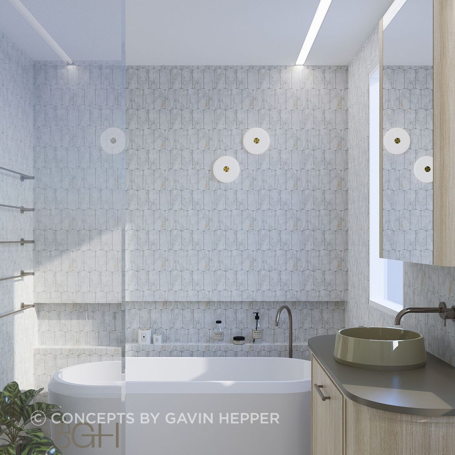 3D render of the Main Bathroom. Completed in house.
