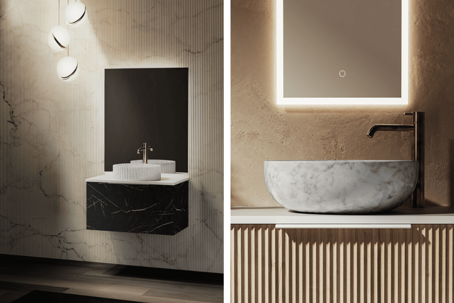 The new Toscana Opaco vanity in catalina (left) and Marmo round vessel basin in Mugla White (right)