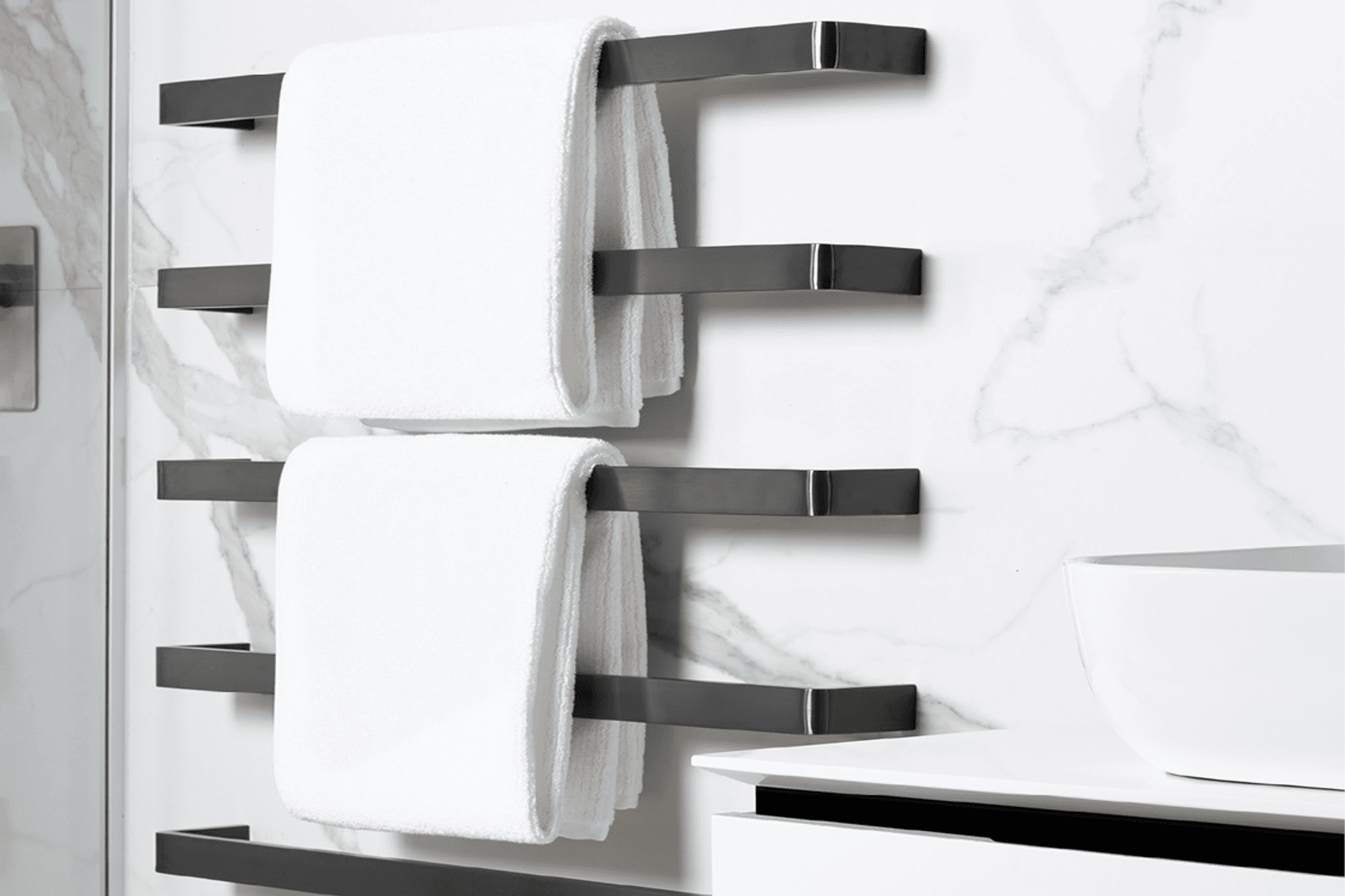 Available in three styles—Mont (pictured), Arosa and Chateau—the Icona range of heated towel rails features pared-back designs for an organic, minimalist aesthetic.