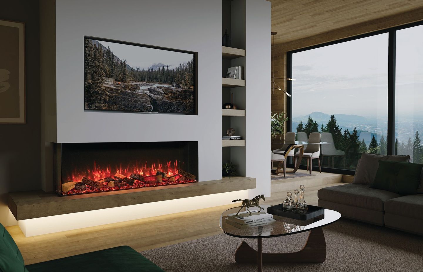 An Avanti 150RW with oak logs is set to the left, leaving room for shelving.