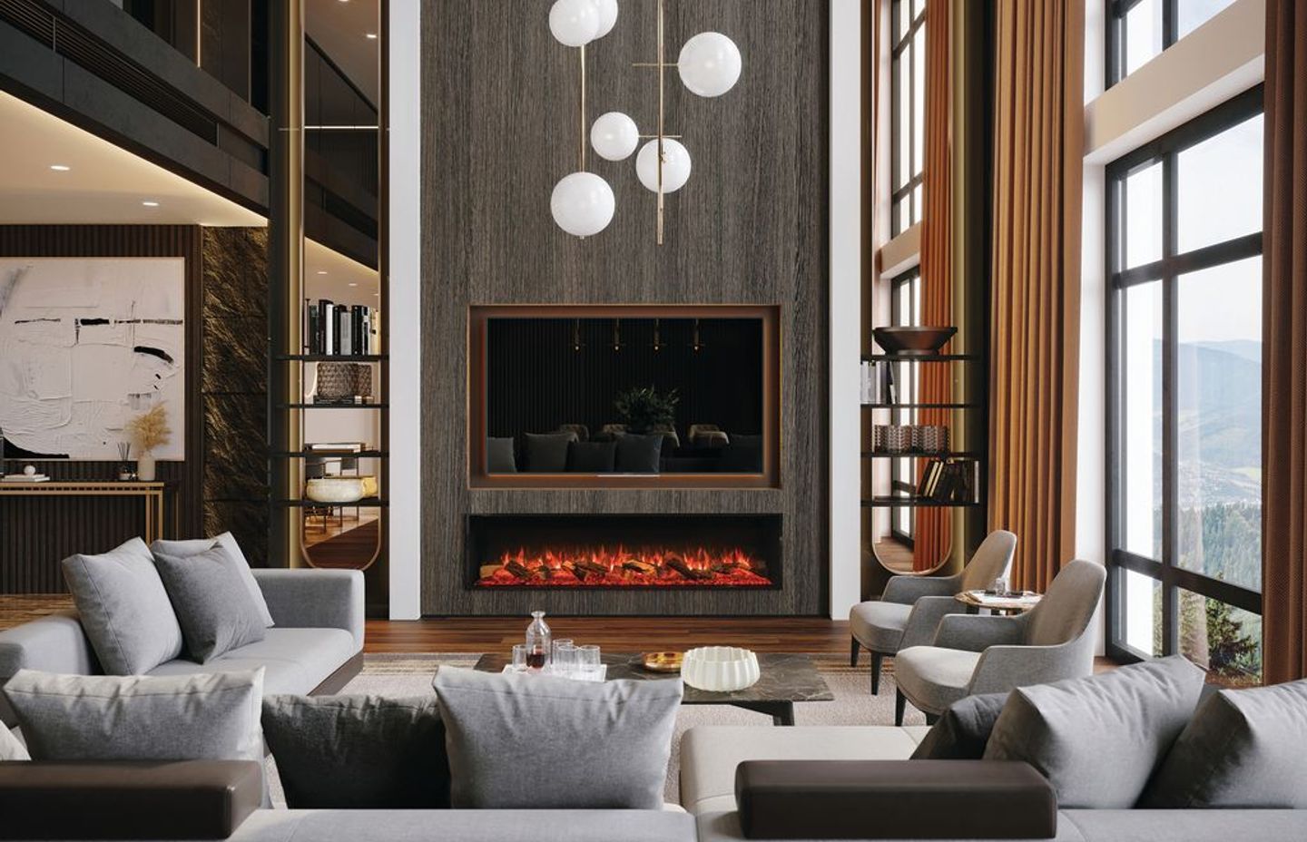 The Avanti 190RW, shown here with logs, perfectly balances this recessed TV set-up.