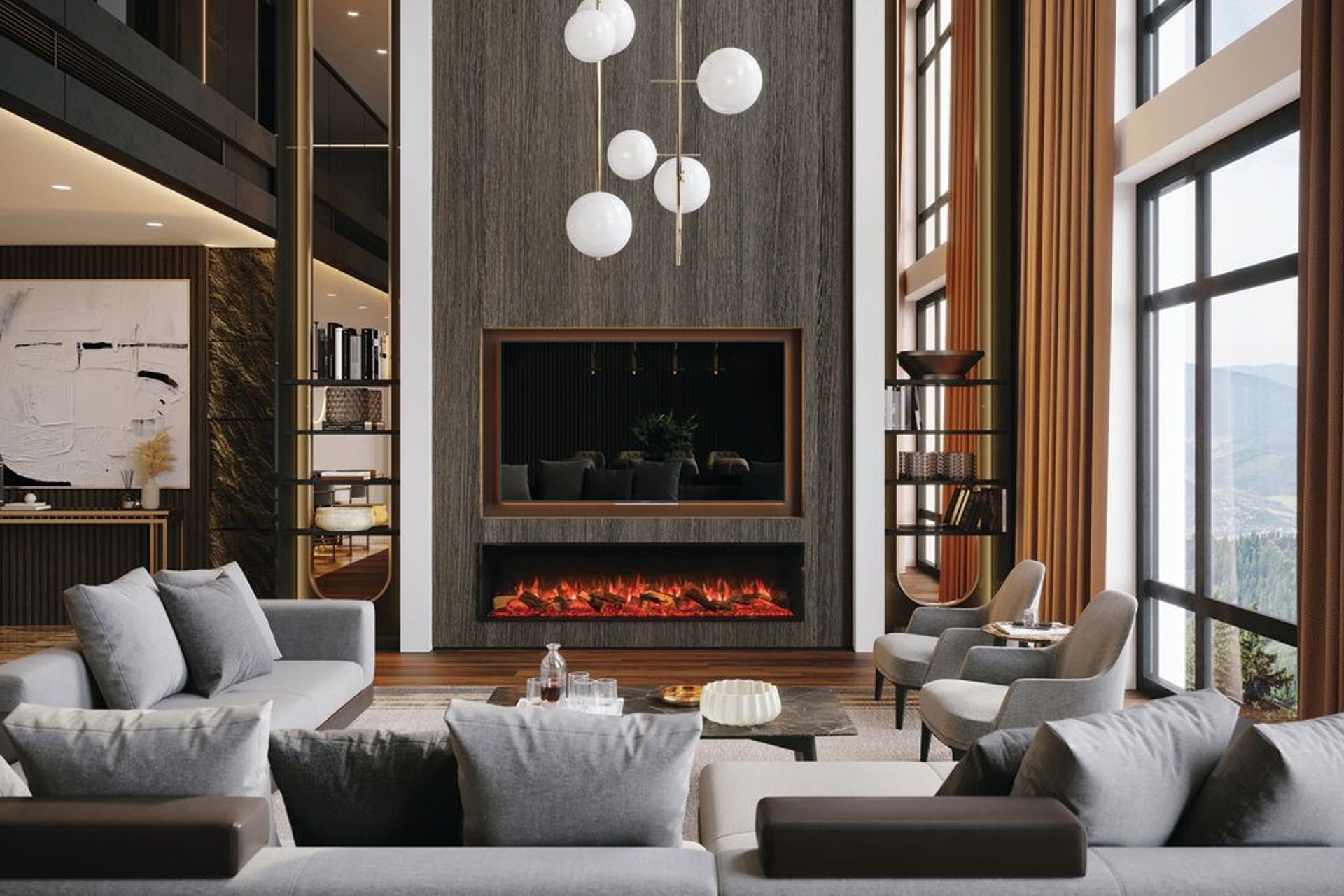 The Avanti 190RW, shown here with logs, perfectly balances this recessed TV set-up.