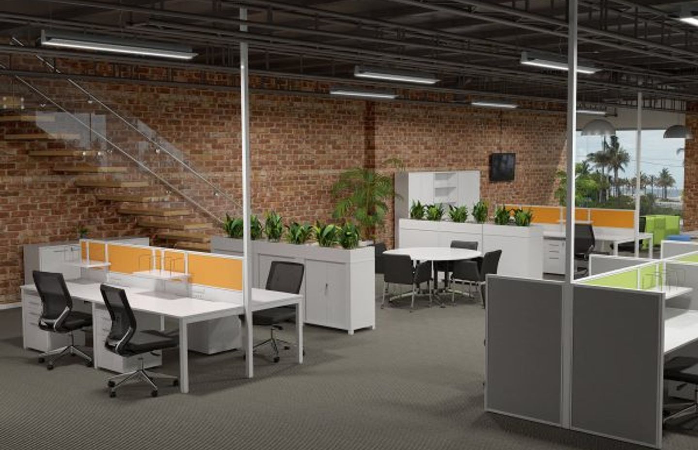Workstations with privacy screens above and beside desks