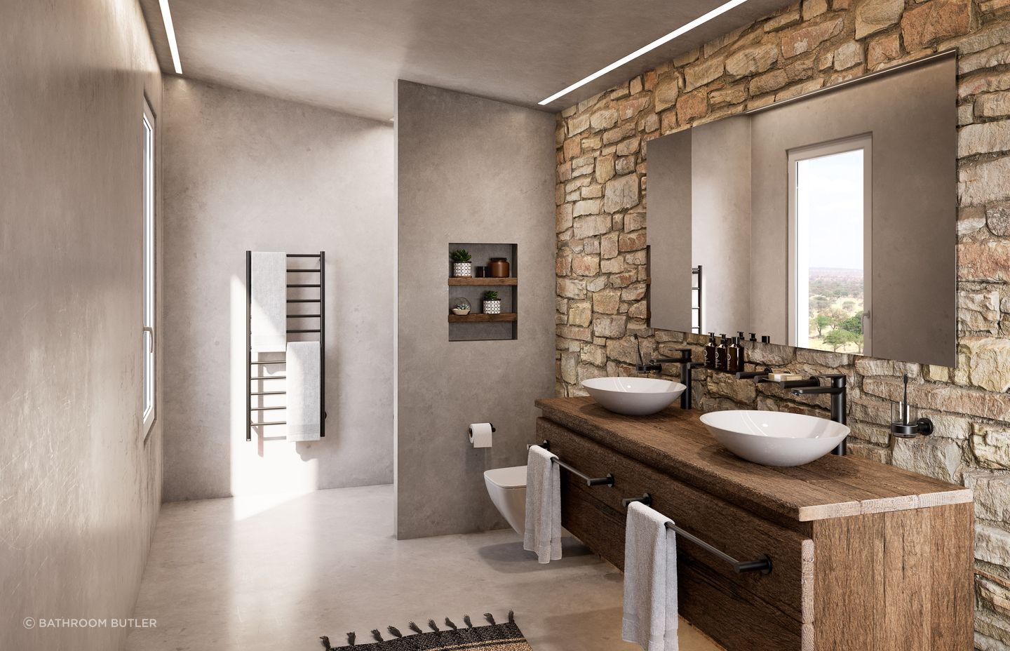 Bathroom Butler Matt Black 4600 Bathroom Accessories &amp; NATURAL 12 bar Heated Towel Rail