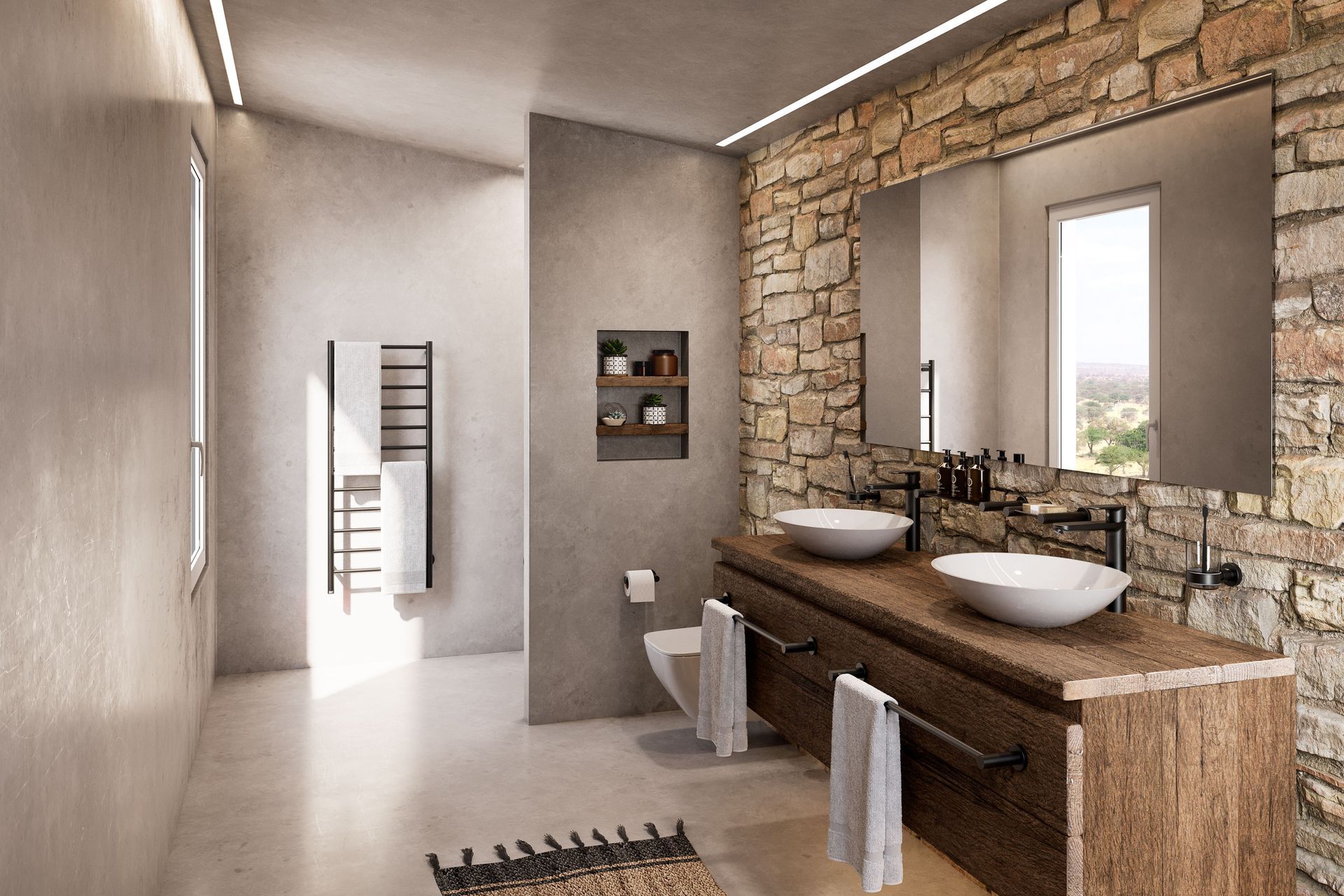 Bathroom Butler Matt Black 4600 Bathroom Accessories &amp; NATURAL 12 bar Heated Towel Rail