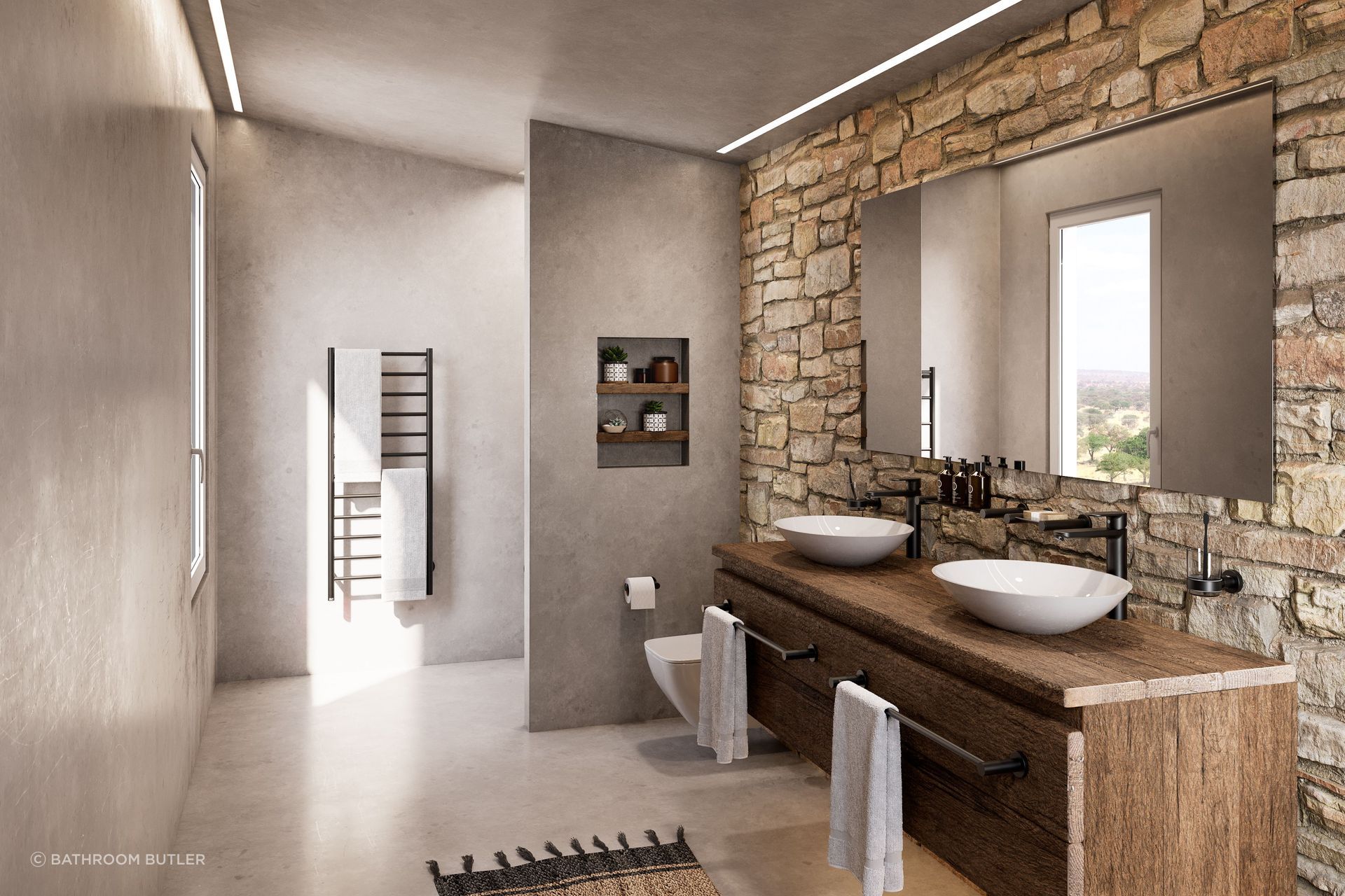 Bathroom Butler Matt Black 4600 Bathroom Accessories &amp; NATURAL 12 bar Heated Towel Rail