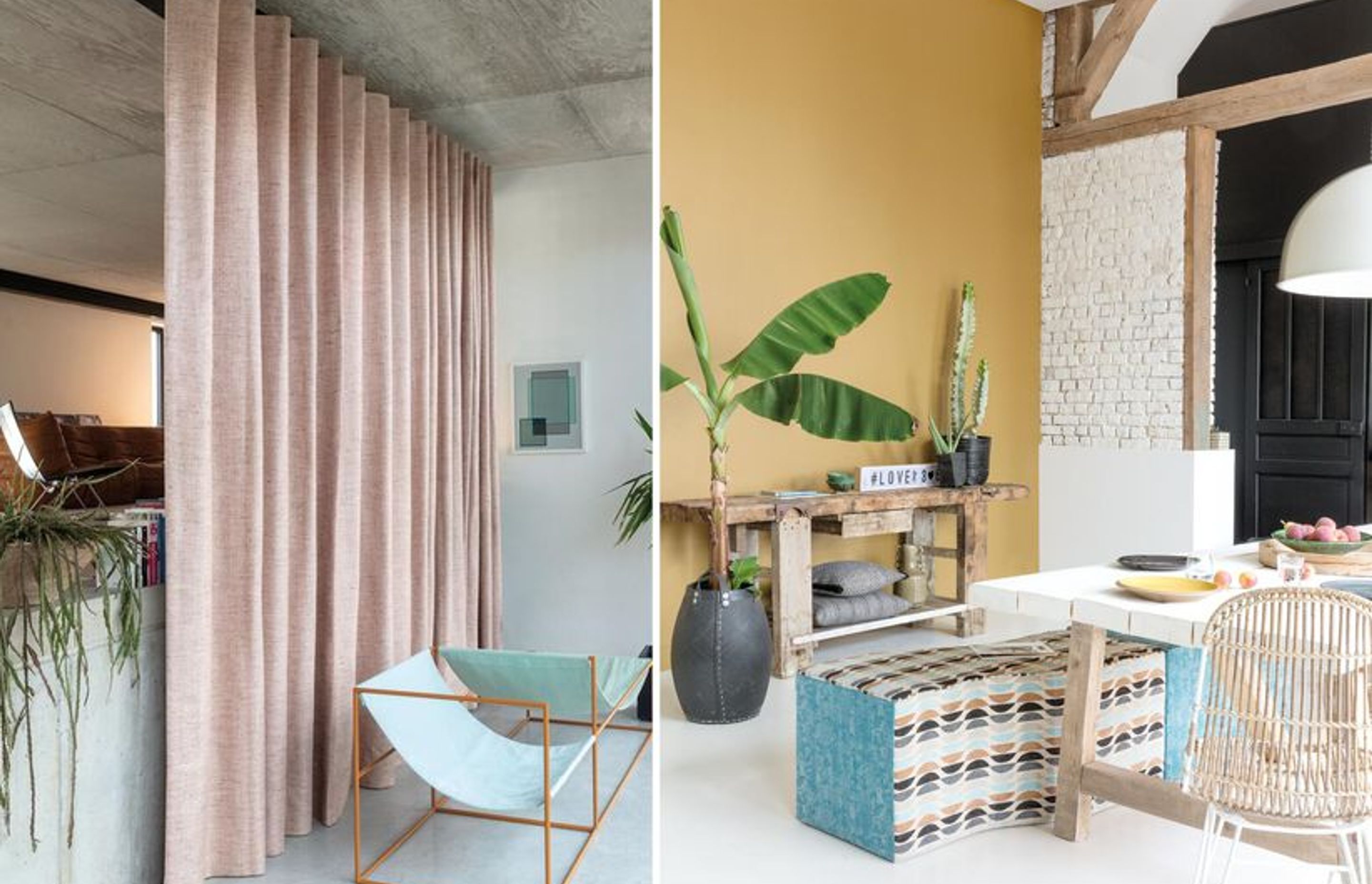 CREATE AN AIRY AND SOFT MOOD WITH PASTEL DRAPERY, PATTERNED FABRICS AND WALL PAINT. DRAPERY: BAVARIA, ZEPEL / UPHOLSTERED BENCHES: OCEAN DRIVE, (FIBREGUARD)