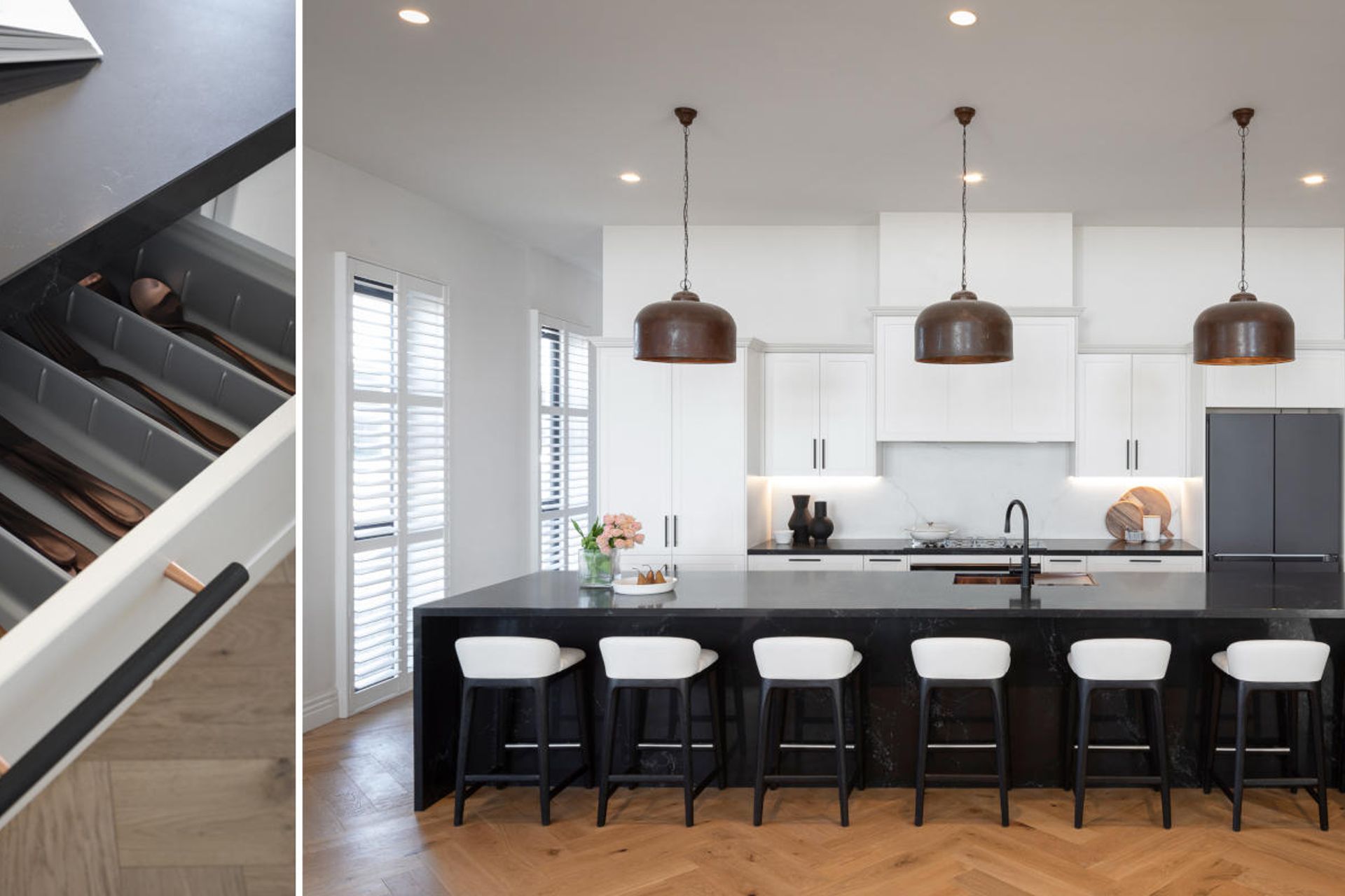 Image by: Freedom Kitchens, Black &amp; Brass handles below the black benchtop which stretches across the room