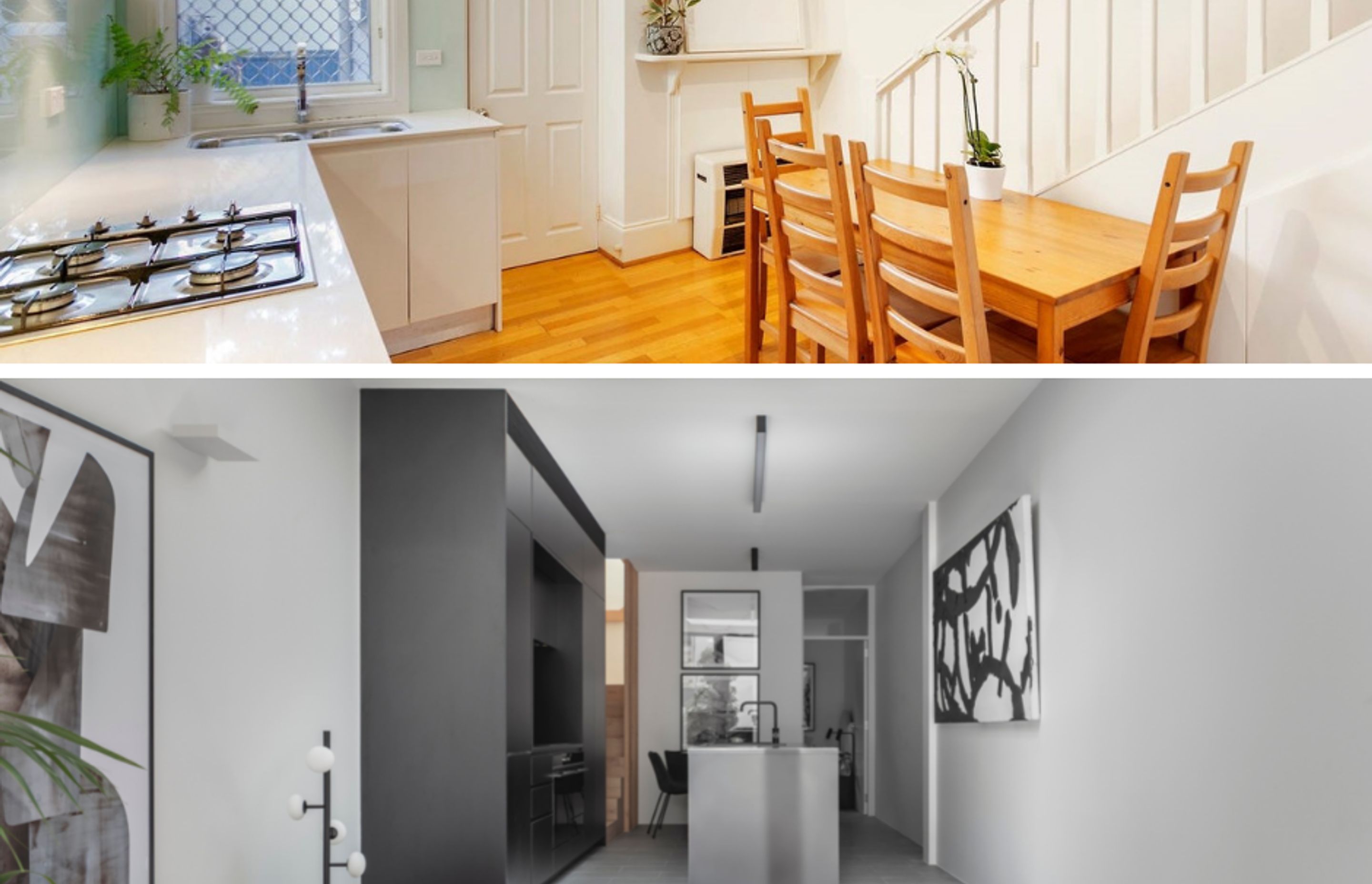 Before and after… the kitchen in the Annandale terrace. After image: Murray Fredericks
