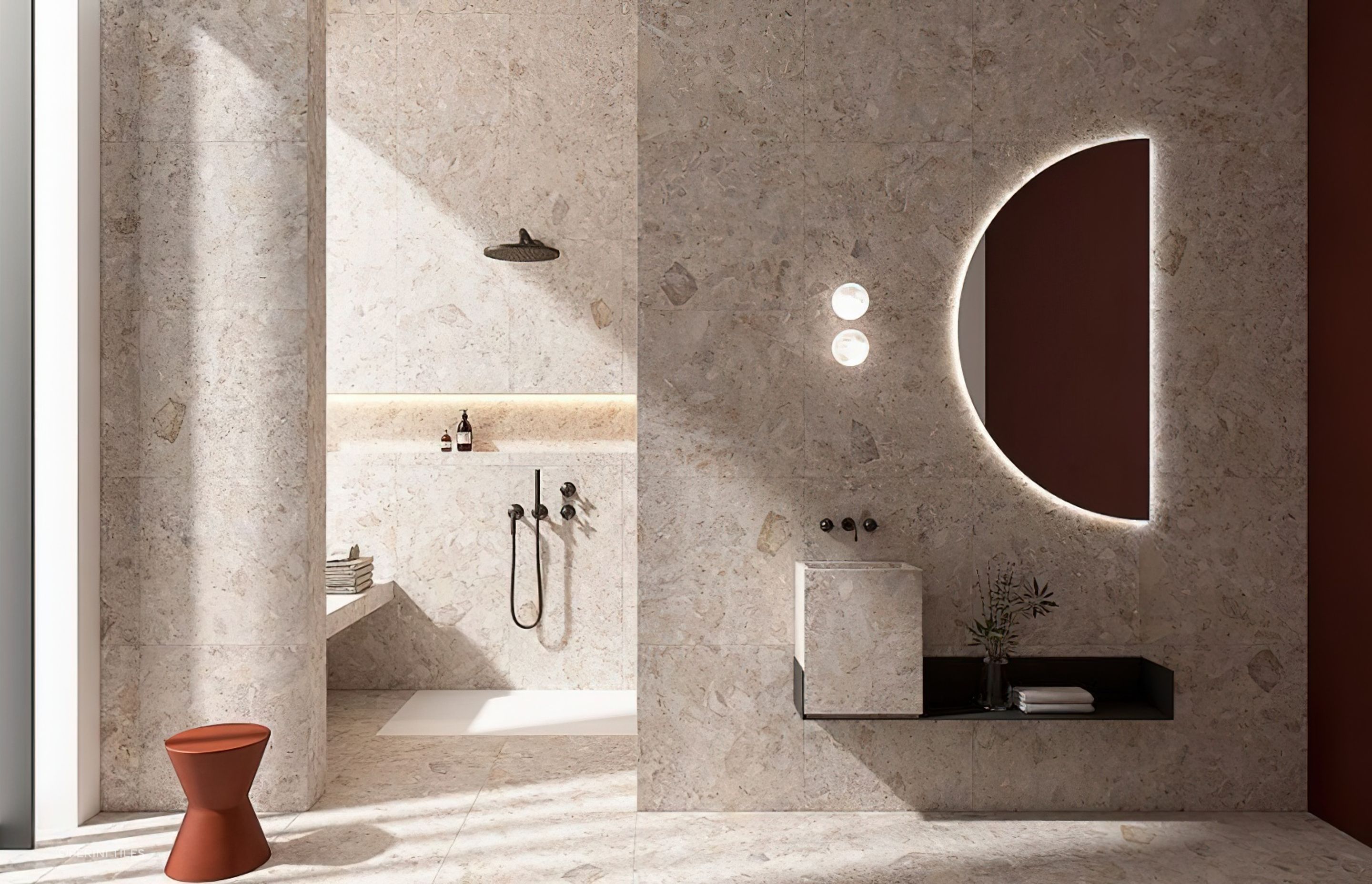 Available in a selection of rich and earthy neutral colour options, our Ceppo Stone Porcelain tiles offer a stunning alternative to real terrazzo tiles for the bathroom.