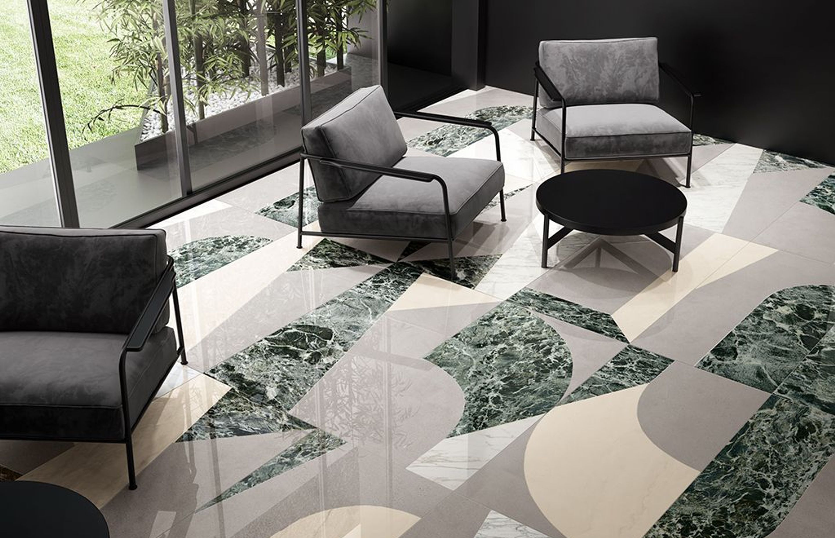 The Fiomood Verde tiles from the Sound of Marbles Collection come in two sizes—74 x 148cm and 30 x 60cm—and 38 assorted patterns for an almost infinite range of design possibilities.