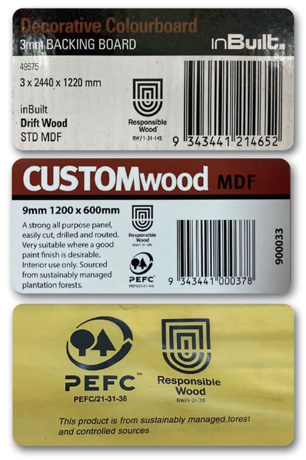 Three labels showing Responsible Wood and PEFC certification. The styles may be different, but each has details that will allow you to trace the sustainability claims.