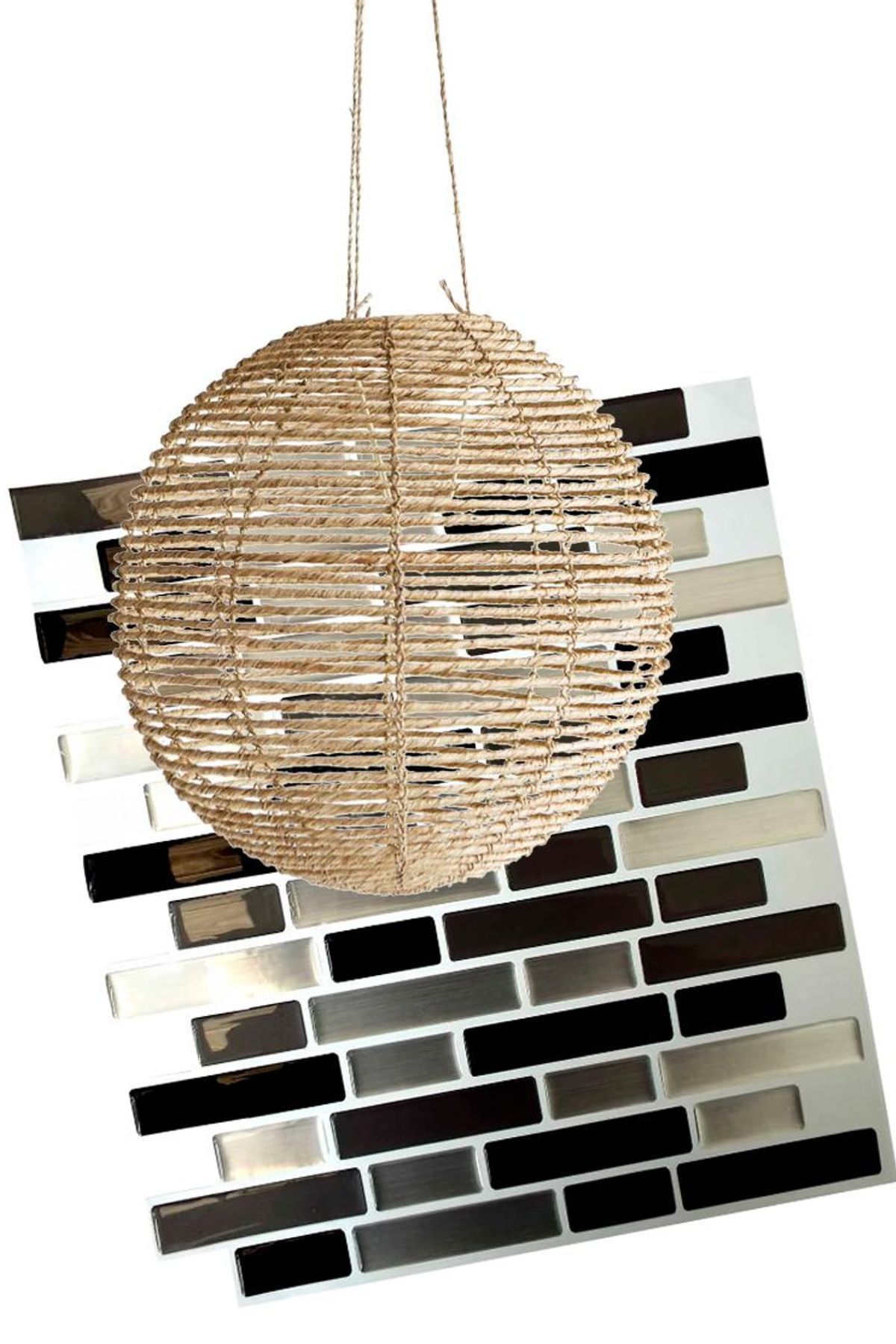 Metro ball lampshade, $279.99. from AC Homestore; Homelux peel &amp; stick wall tiles $54.98 (pack of four), from Mitre 10