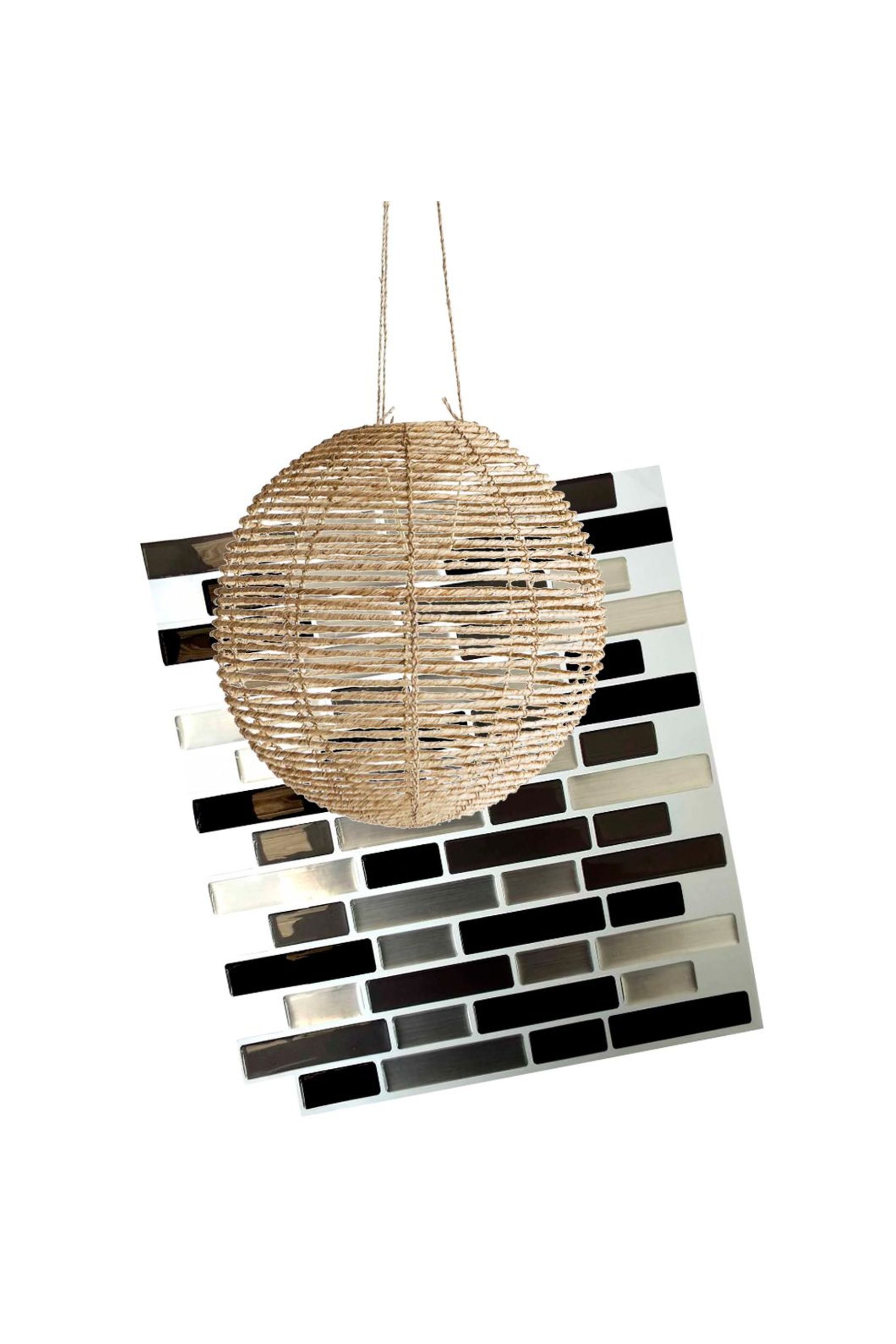 Metro ball lampshade, $279.99. from AC Homestore; Homelux peel &amp; stick wall tiles $54.98 (pack of four), from Mitre 10