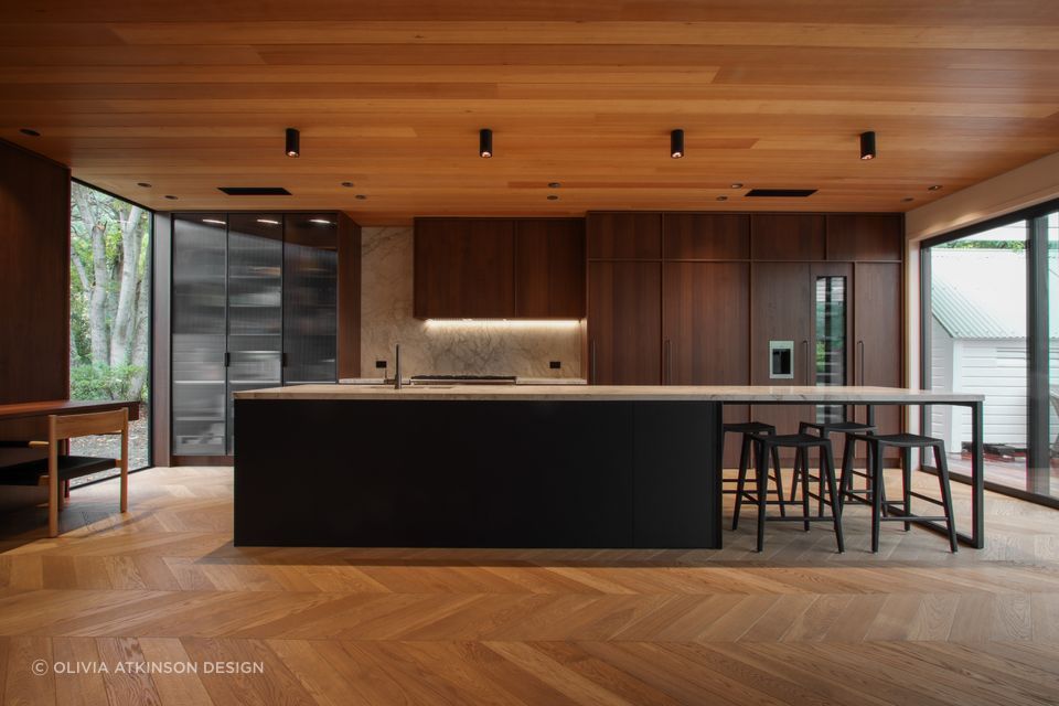 Dry River Residence by Workshop Designs | Custom Mudbrick Chevron Engineered Wood Flooring