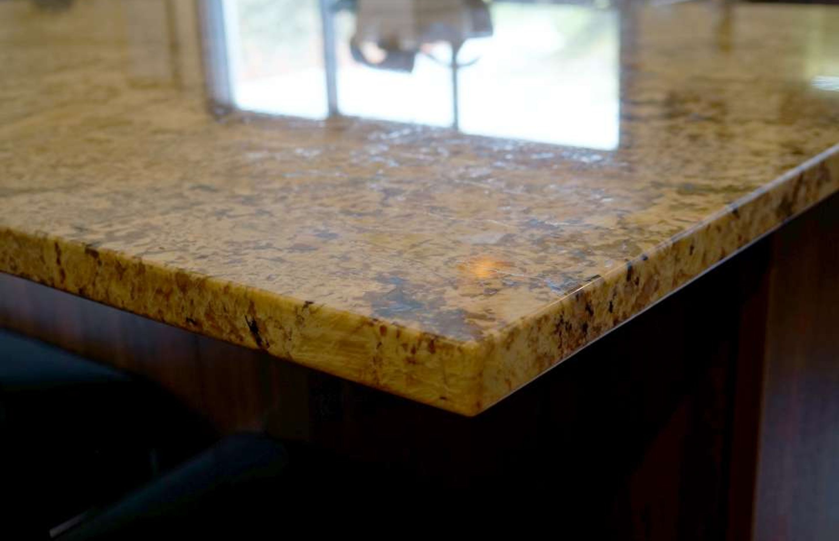 Custom built stone engineered countertop used for Mary’s kitchen. We made this engineered stone look like pattered granite with a shiny sheen. The pattern chosen above is called Autumn leaf and like its name has yellow and mustard undertones which complem