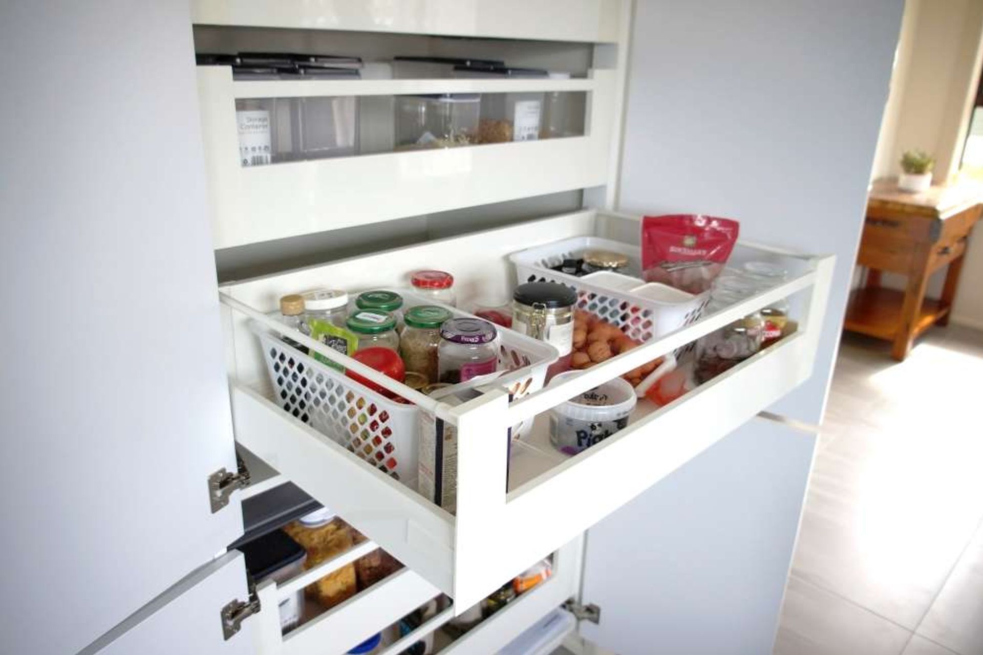 Custom built drawers in the pantry that can be pulled out (Kitchen renovation in Papatoetoe)