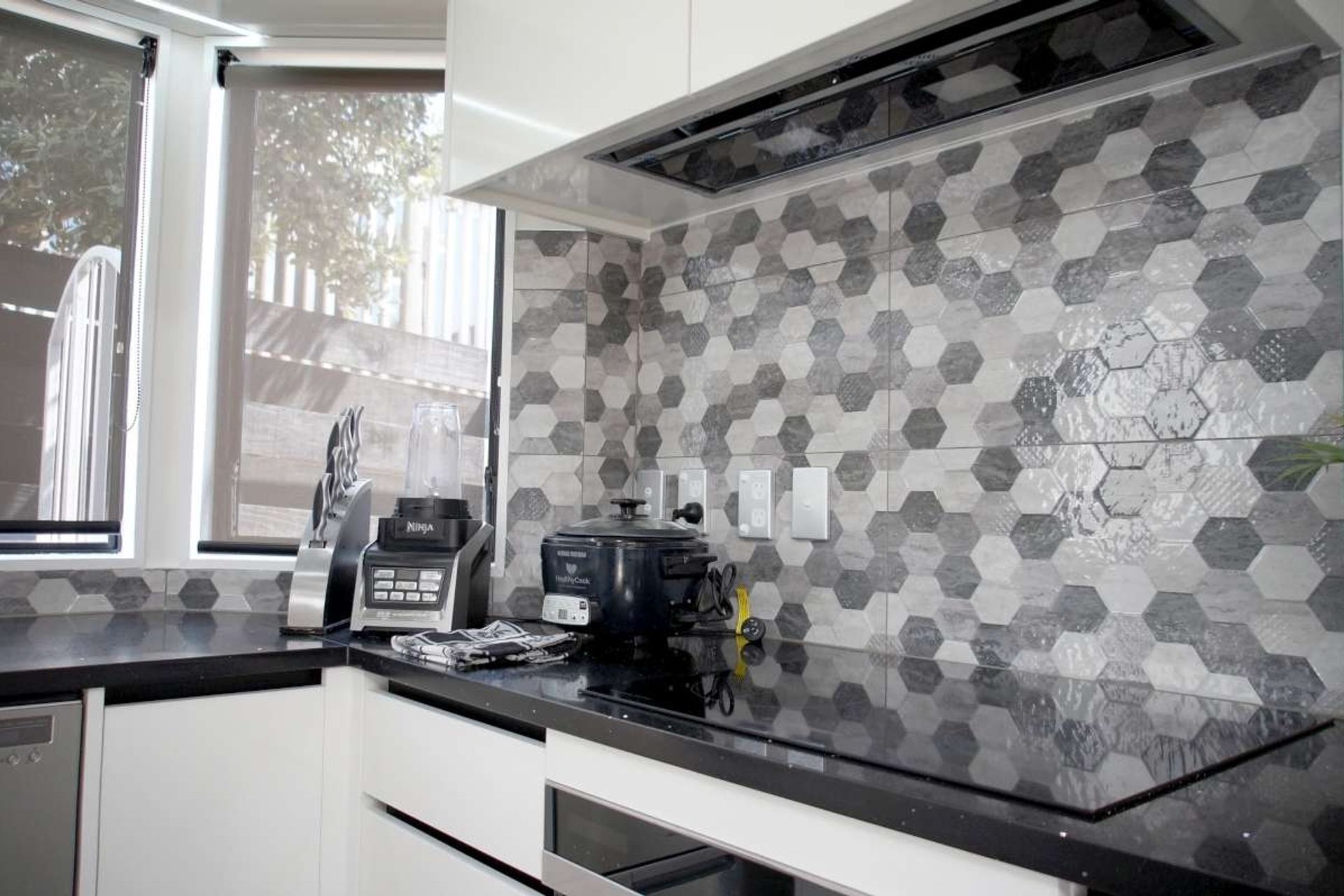 Hexagonal textured tiled used as a backsplash