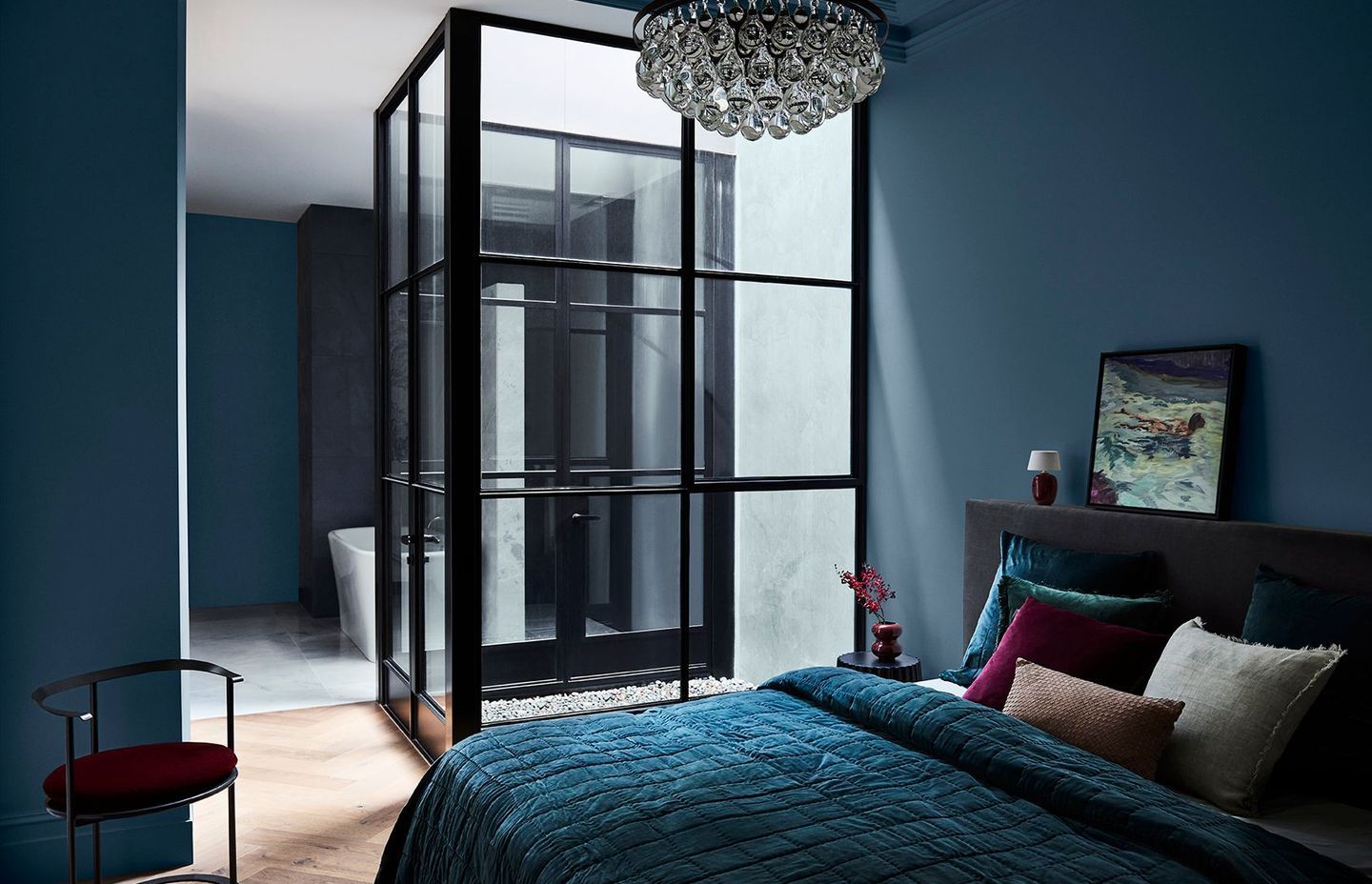 Image supplied by Dulux. Styling: Bree Leech; Photography: Lisa Cohen. Image features Dulux Spectacle Lake & Manorburn Quarter. Artwork – “Swimmer Ritual” by Marko Hrubyj Piper.