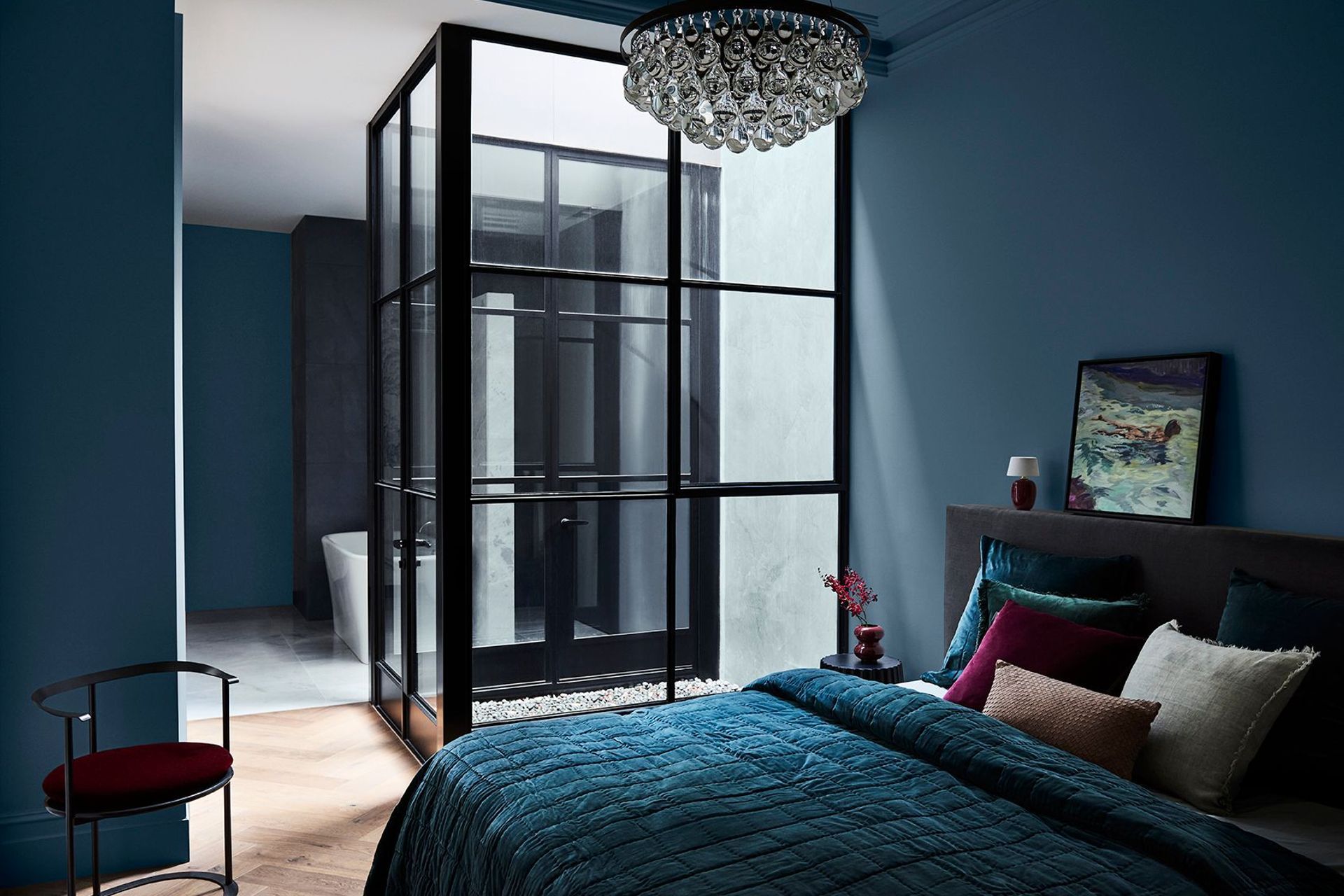 Image supplied by Dulux. Styling: Bree Leech; Photography: Lisa Cohen. Image features Dulux Spectacle Lake & Manorburn Quarter. Artwork – “Swimmer Ritual” by Marko Hrubyj Piper.