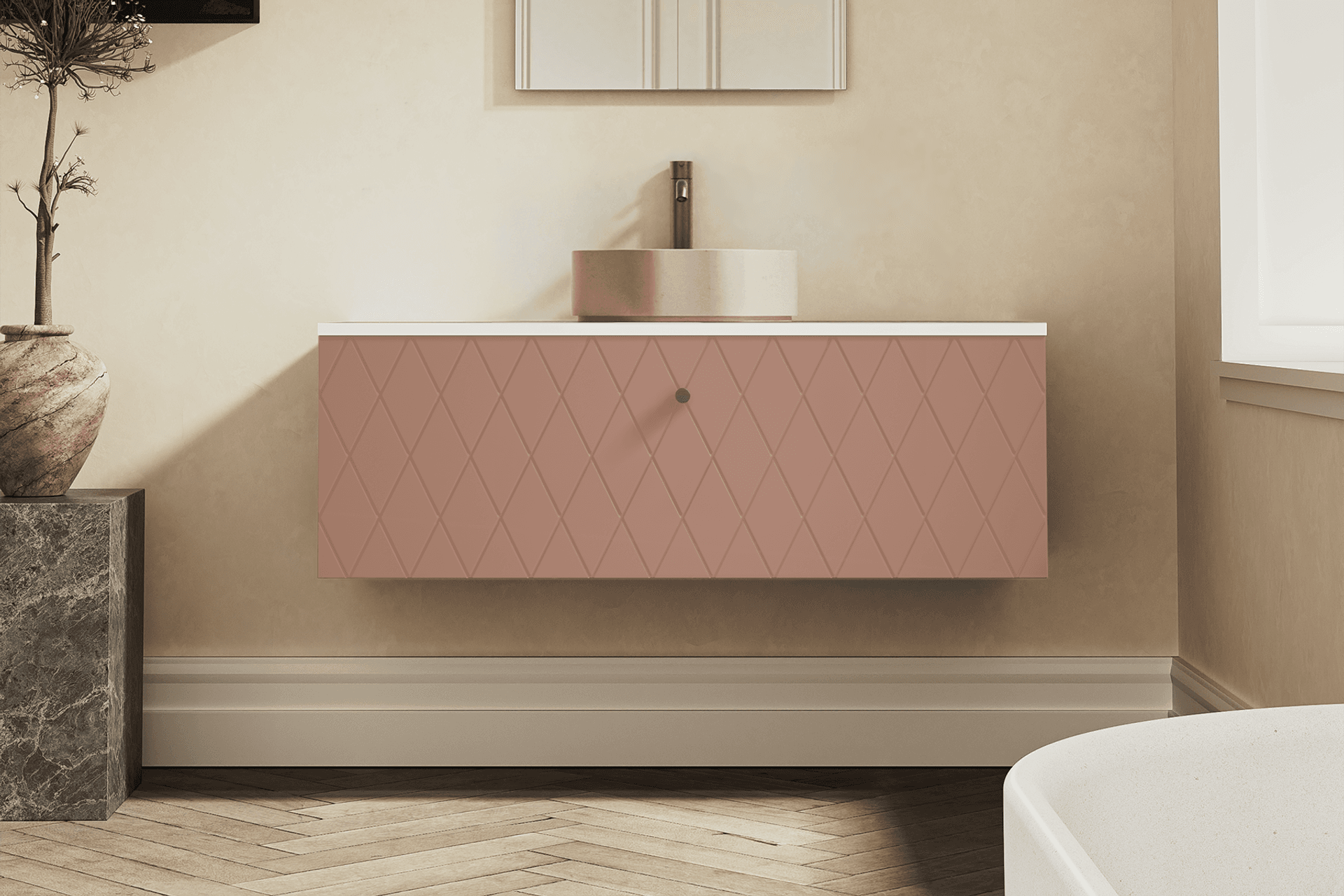Deco Opaco 1200 1 Drawer Vanity in Kobe with Brushed Brass Reflex Knob and Matt White Top