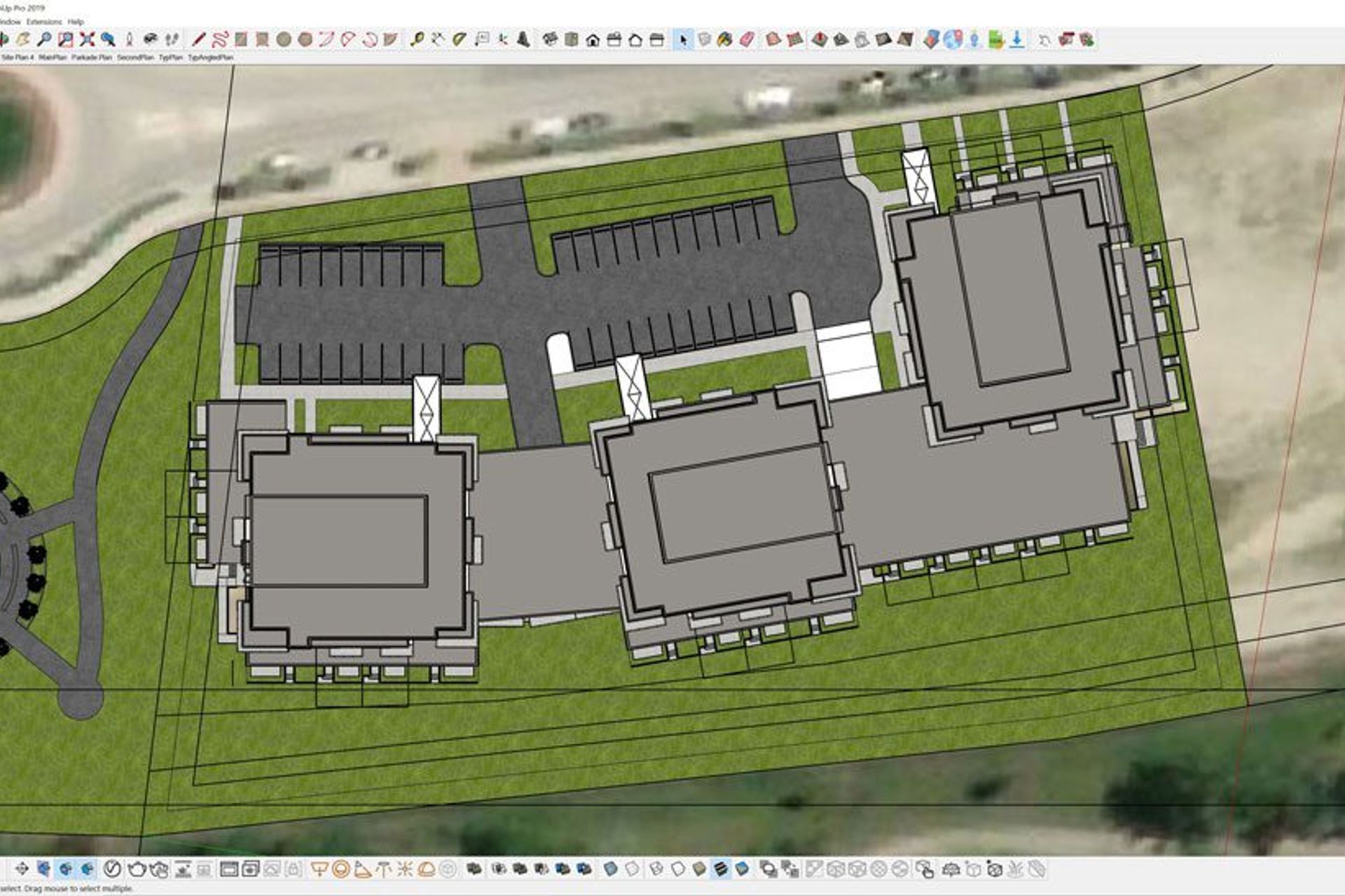 River Front Plans to depict unit density, floor area ratios, and parking requirements for the sites. Modelled in SketchUp Pro.