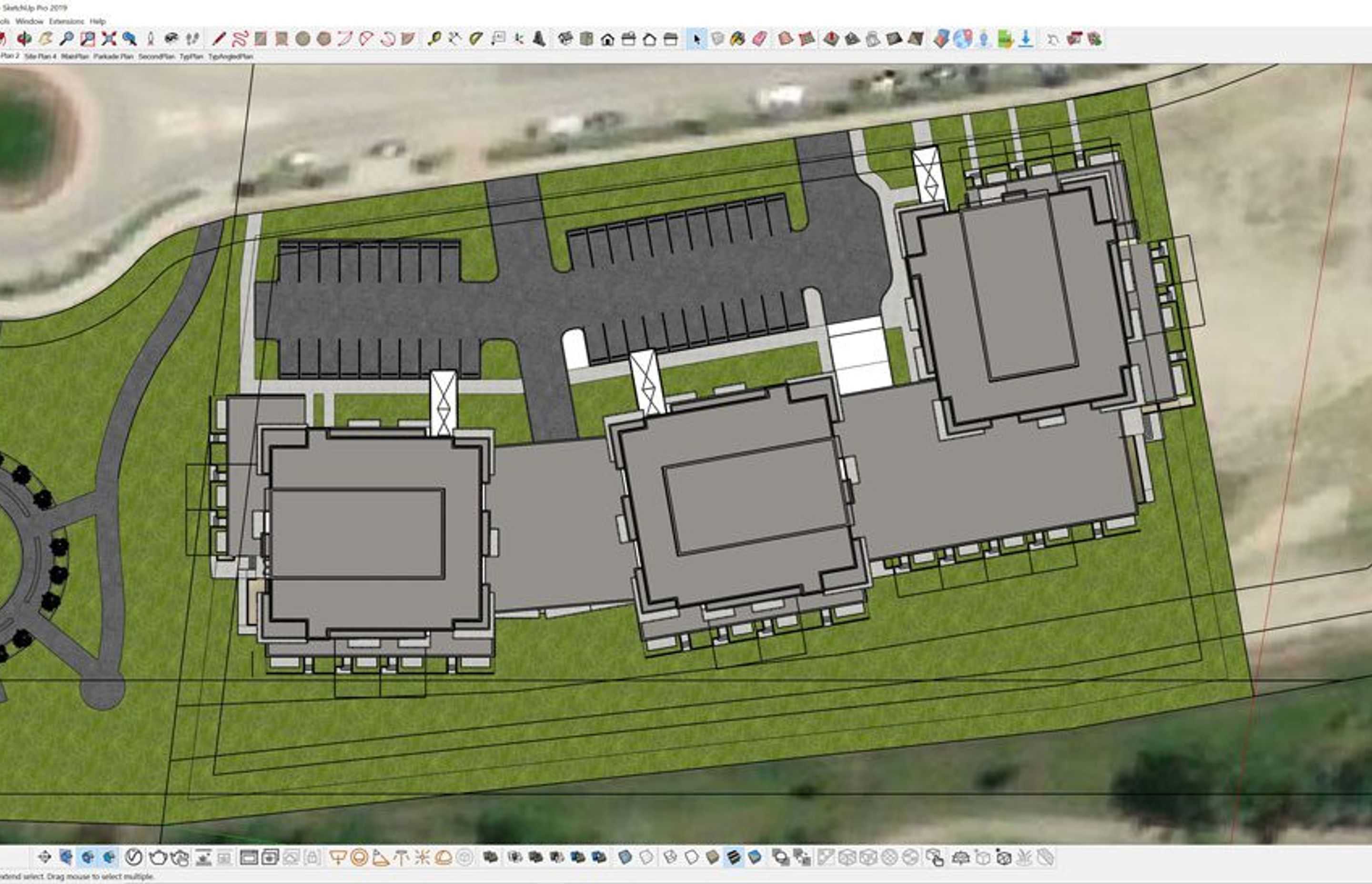 River Front Plans to depict unit density, floor area ratios, and parking requirements for the sites. Modelled in SketchUp Pro.