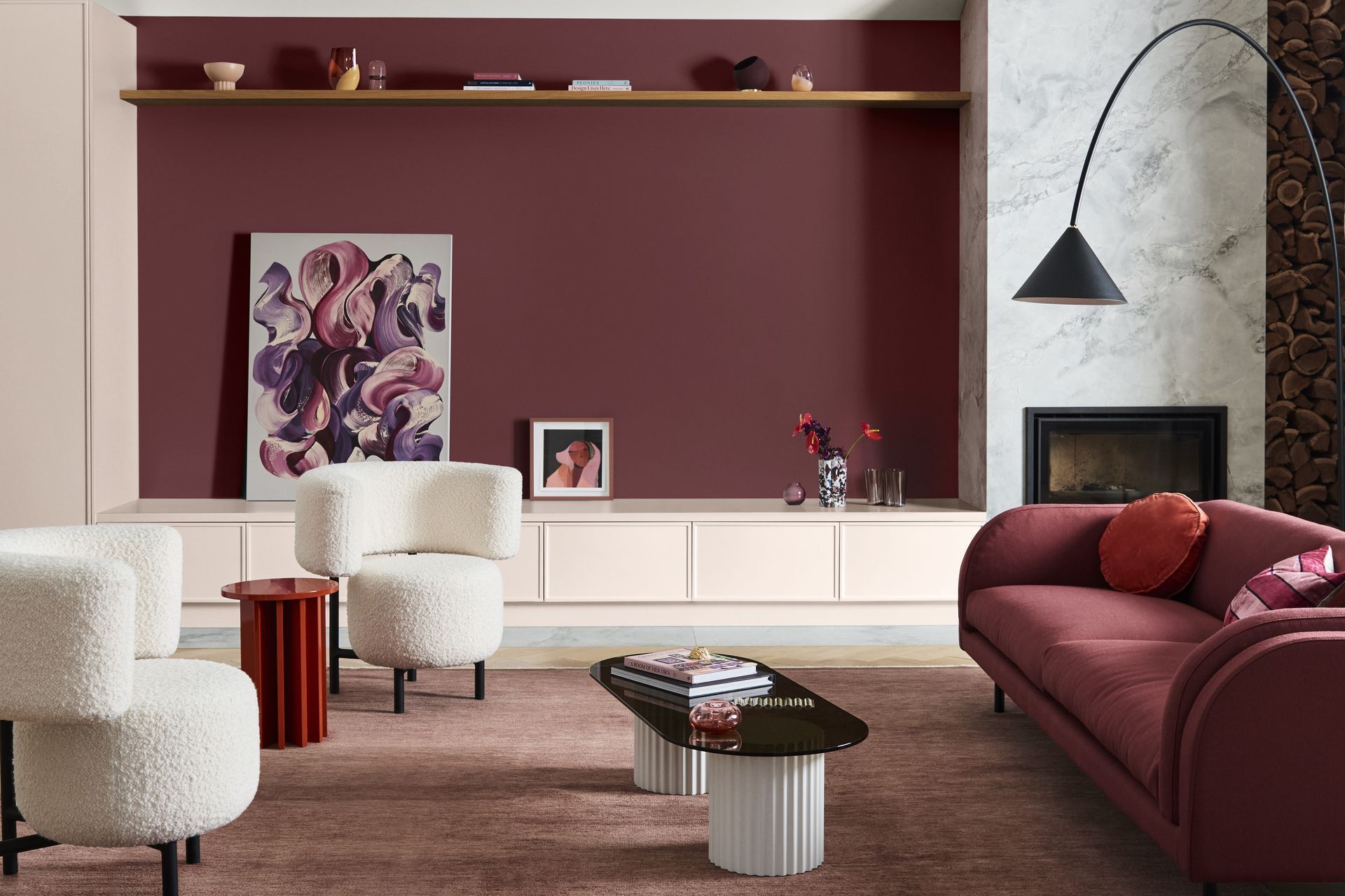 Ceiling - Dulux Sandfly Point Half, Cabinets - Dulux Basic Coral, Feature Wall - Dulux Silo Park. Styling: Bree Leech. Photographer: Lisa Cohen.  Artwork (large) '2021 Serpent Series' by Barbara Kittallides; Artwork (small) 'Clay Bird' print by Stacey Ree