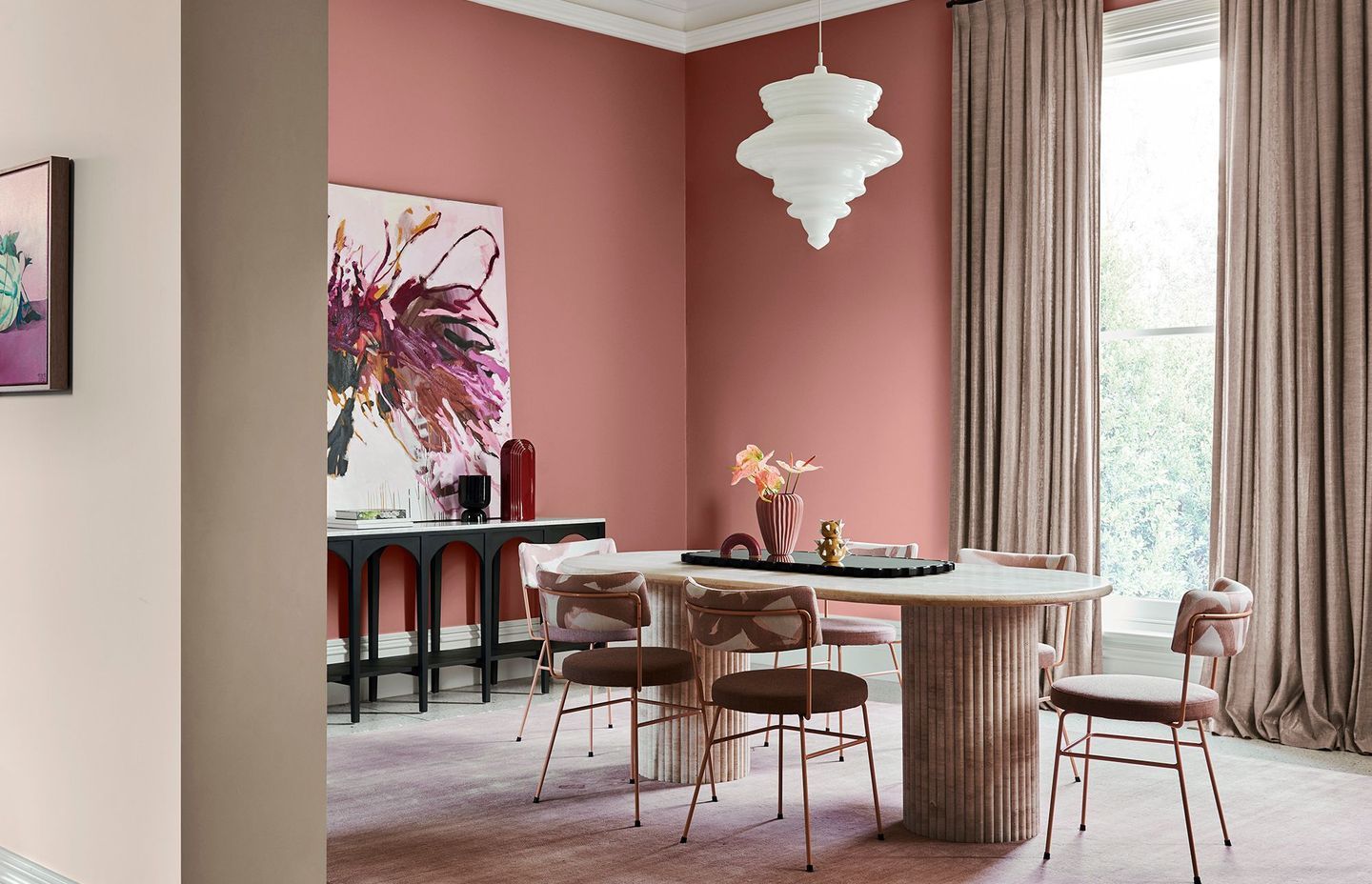 DULUX's latest flourish palette from their 2022 Colour Forecast shows Art Deco fluted details in furniture are on trend.. PAINT Walls Dulux Whāngārā & Pōhutu Geyser. Artwork "Divine Melon Nicole Nelius, "Wild Flower" Llewellyn Skye. Styling: Bree Leec