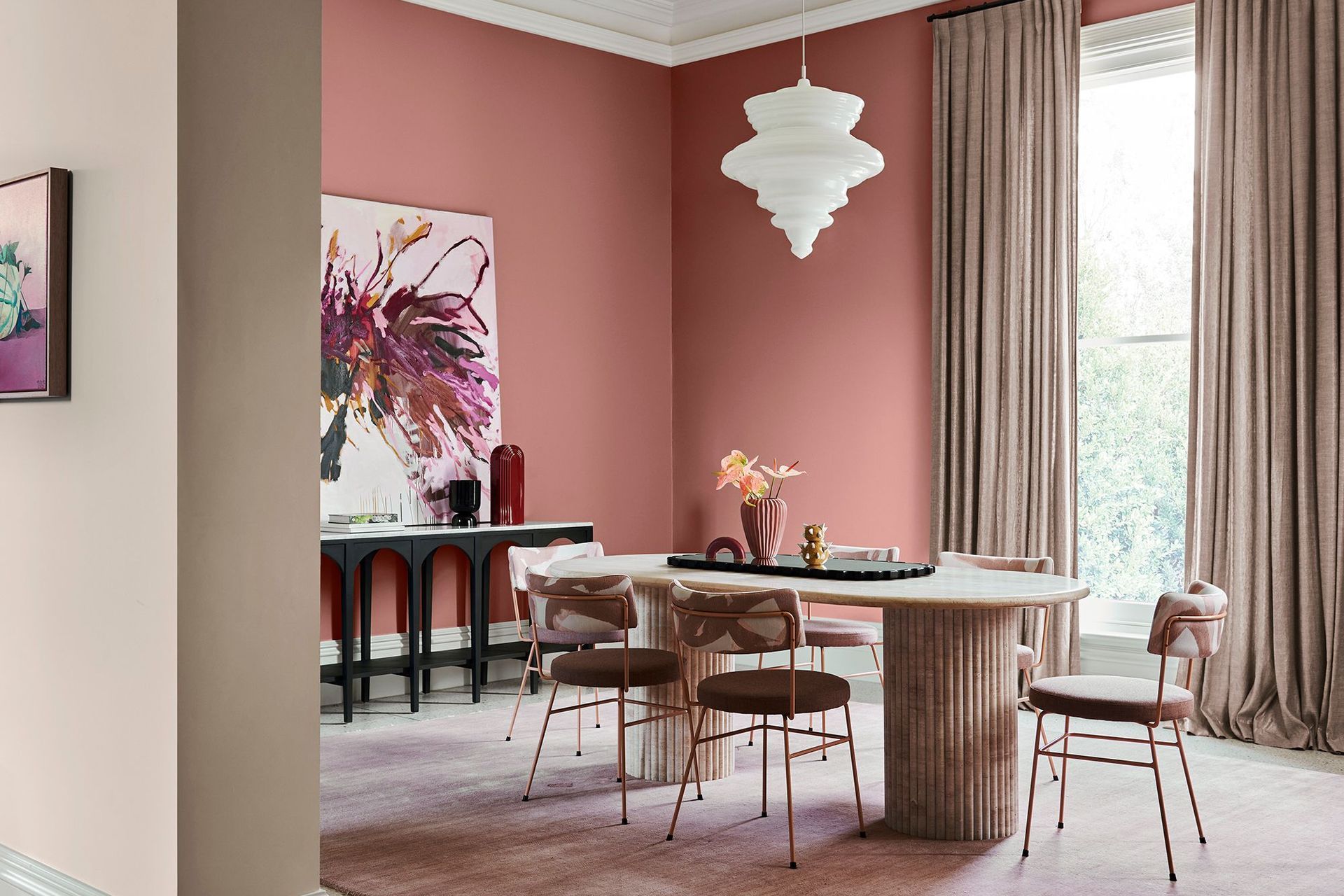 DULUX's latest flourish palette from their 2022 Colour Forecast shows Art Deco fluted details in furniture are on trend.. PAINT Walls Dulux Whāngārā & Pōhutu Geyser. Artwork "Divine Melon Nicole Nelius, "Wild Flower" Llewellyn Skye. Styling: Bree Leec