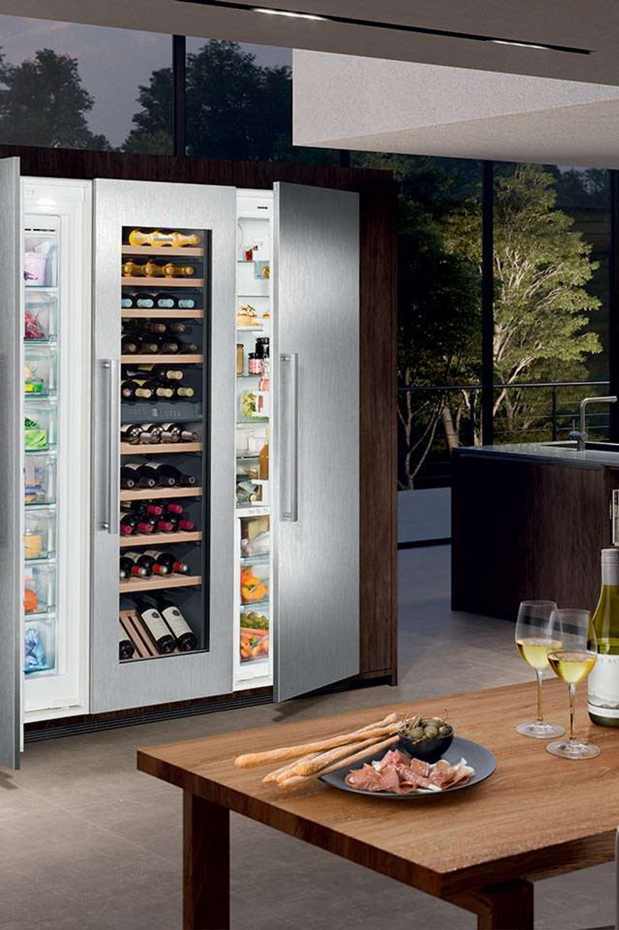 Liebherr EWTdf 3553 Built-In Dual Zone Wine Cellar with Optional Stainless Steel Door Kit. Paired with fully integrated freezer and fridge.