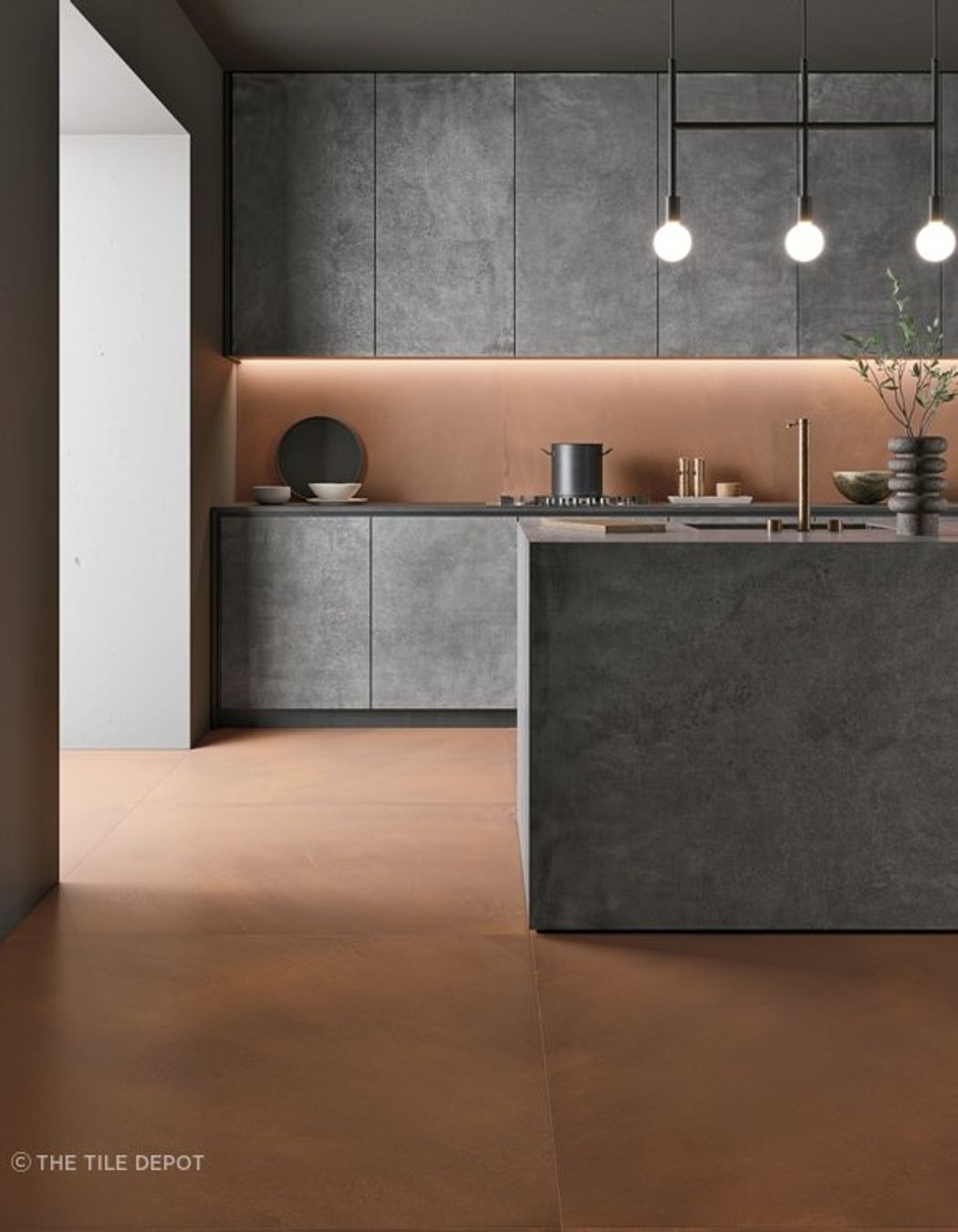 Foil Porcelain tiles are installed in the Splashback as well as the floors and give a sense of Urban Luxury. A contrasting cement finish tiles are also used as the front of cupboards to add to the industrial kitchen design (Tile Depot, 2021)