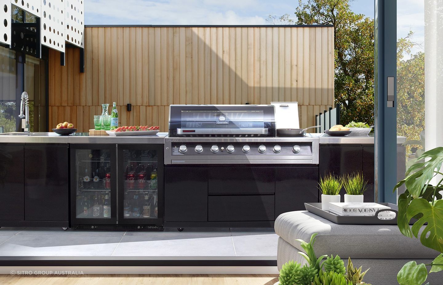 The 6 Burner BBQ in the Gasmate Galaxy Black Outdoor Kitchen features a #304 grade stainless steel hood with lustrous black finish