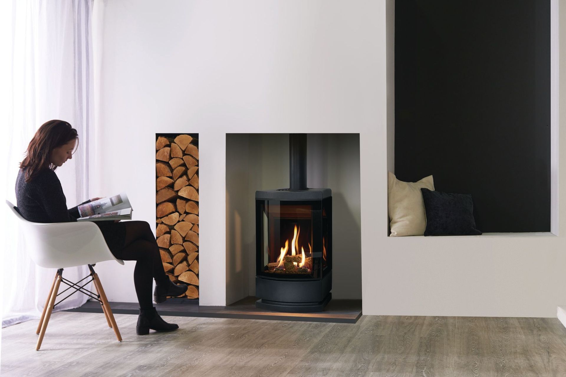 Fan-free and quiet, the Gazco Loft 3-Sided Freestanding Gas Fireplace is a great lifestyle choice for a fireplace.