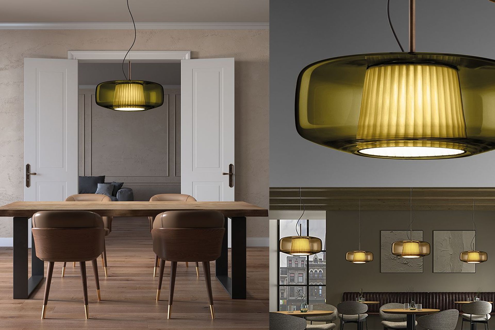 Murano glass pendant available in the colours crystal, fume, amber, burnt earth & green