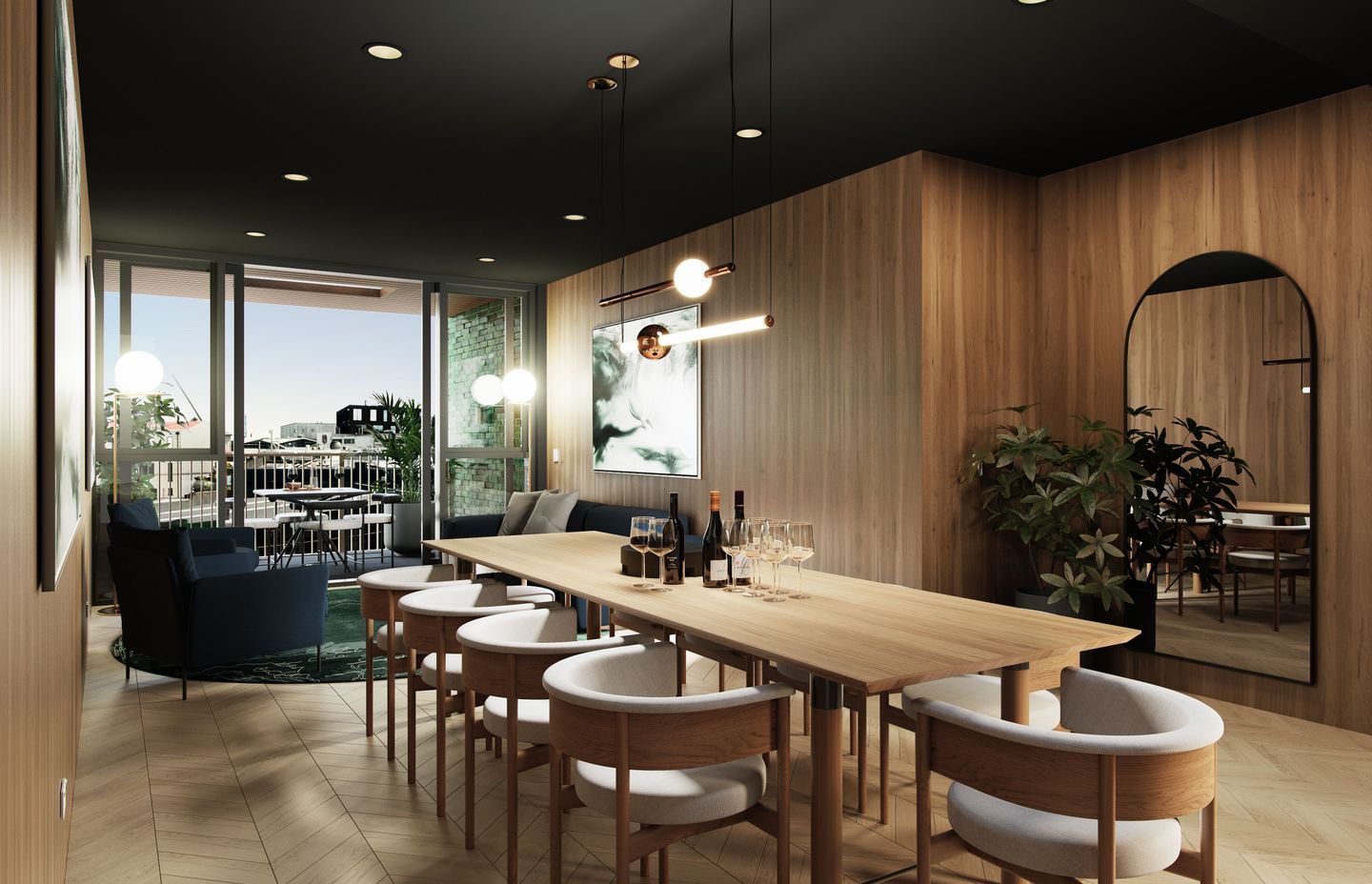 The residents' lounge has been designed to encourage connection and community amongst residents, featuring a full kitchen, dining table, and lounge area for entertaining.